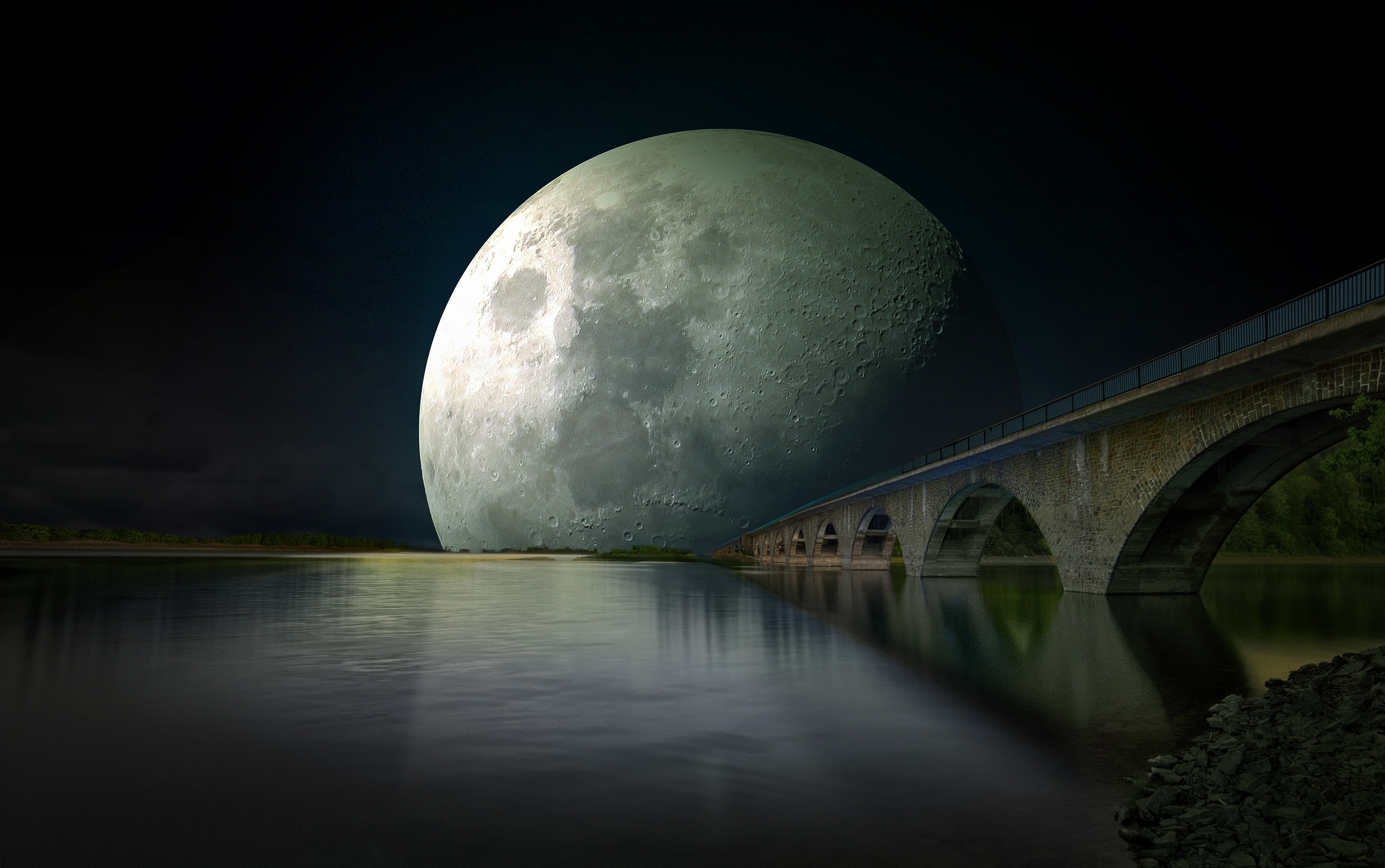 Download mobile wallpaper Night, Moon, Bridge, Photography, Moonlight, Manipulation for free.