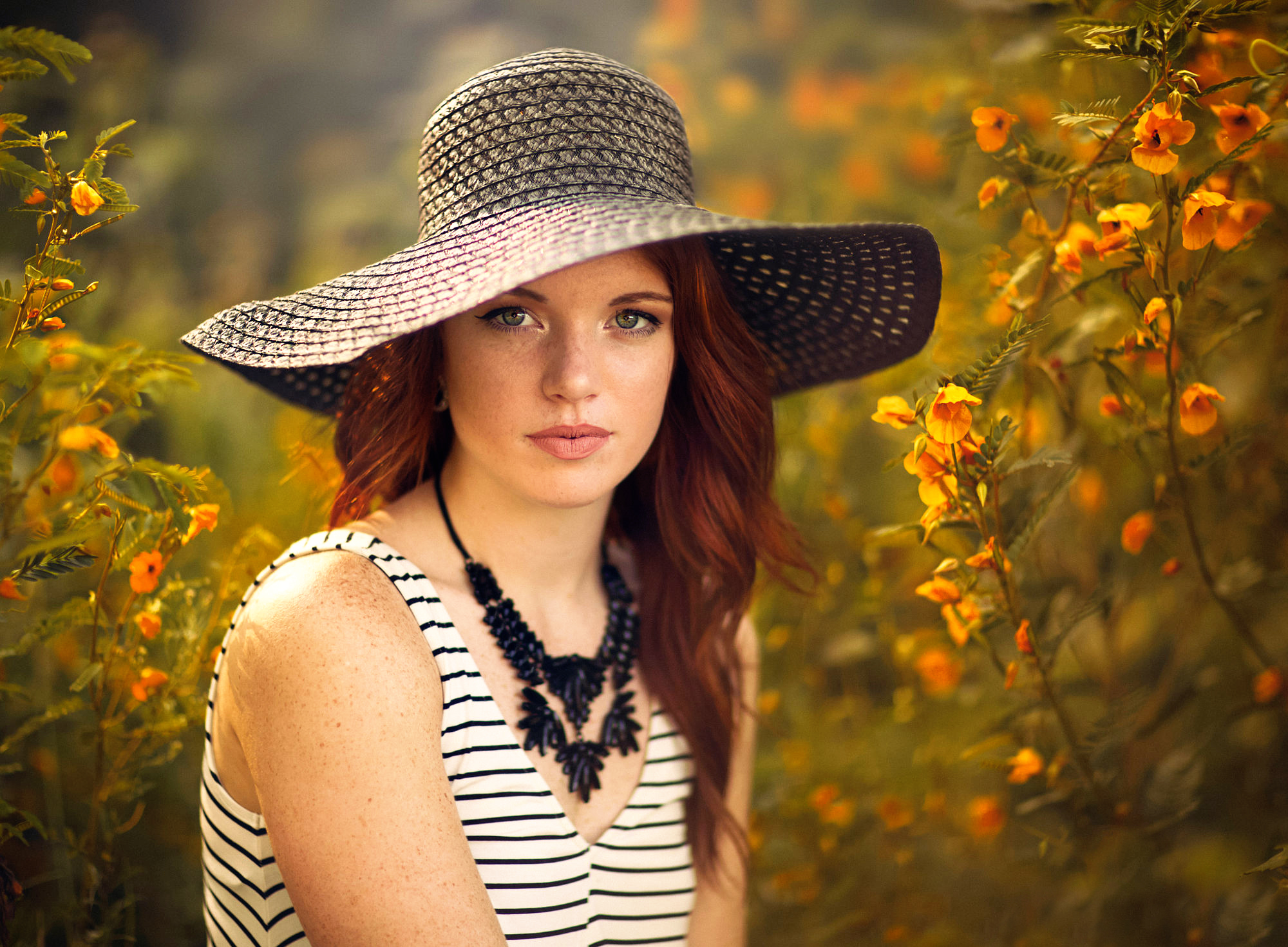 Download mobile wallpaper Redhead, Hat, Model, Women, Yellow Flower, Necklace for free.