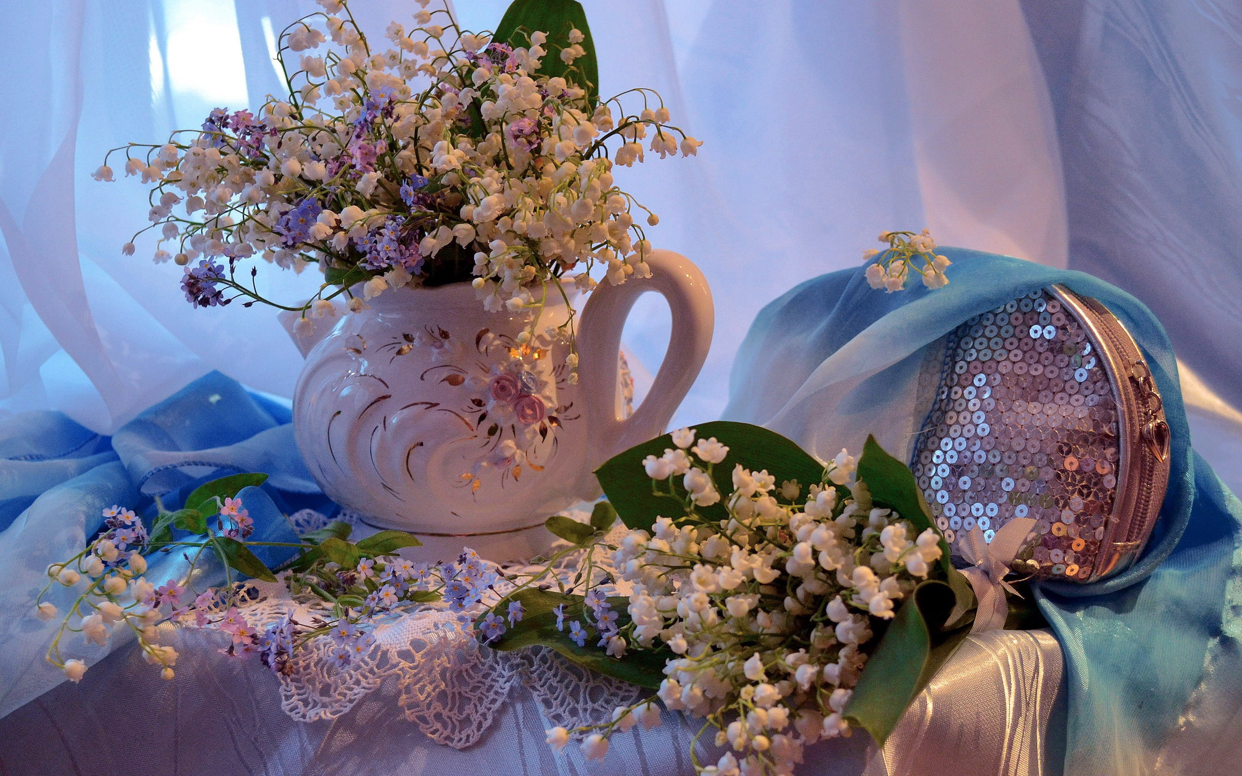 lily of the valley, photography, still life, curtain, purse, vase UHD