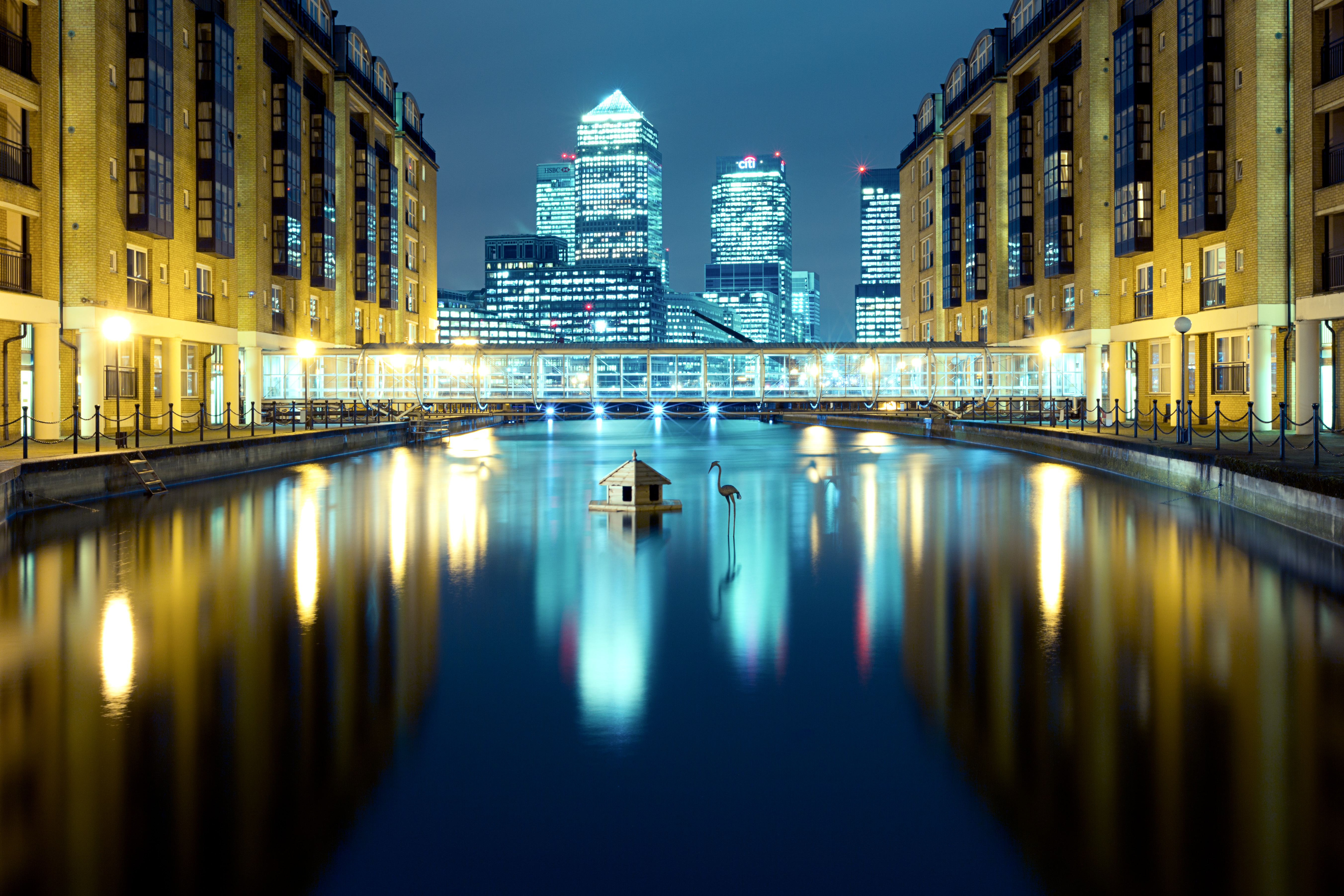 man made, london, building, england, light, night, reflection, wharf, cities