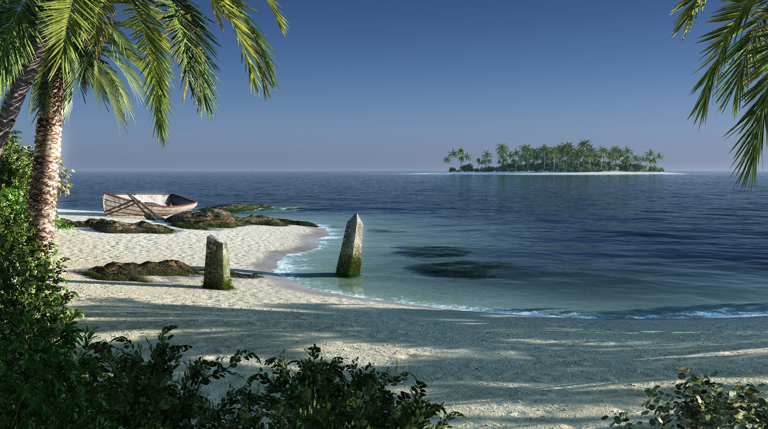203397 baixar papel de parede praia, mar, artistico, paisagem, barco, ilha, árvore - protetores de tela e imagens gratuitamente