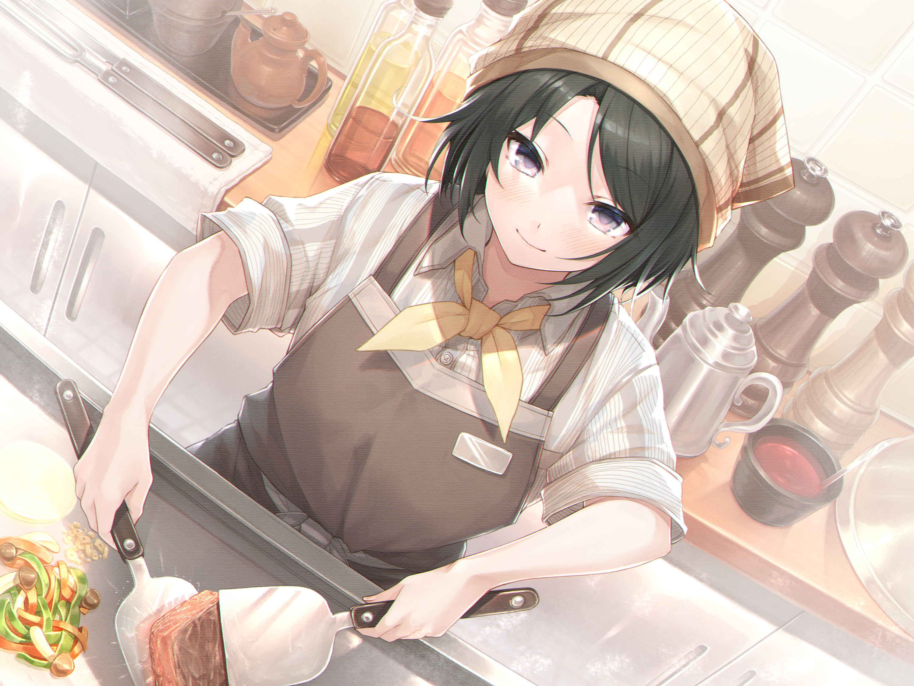anime, girl, black hair, cooking