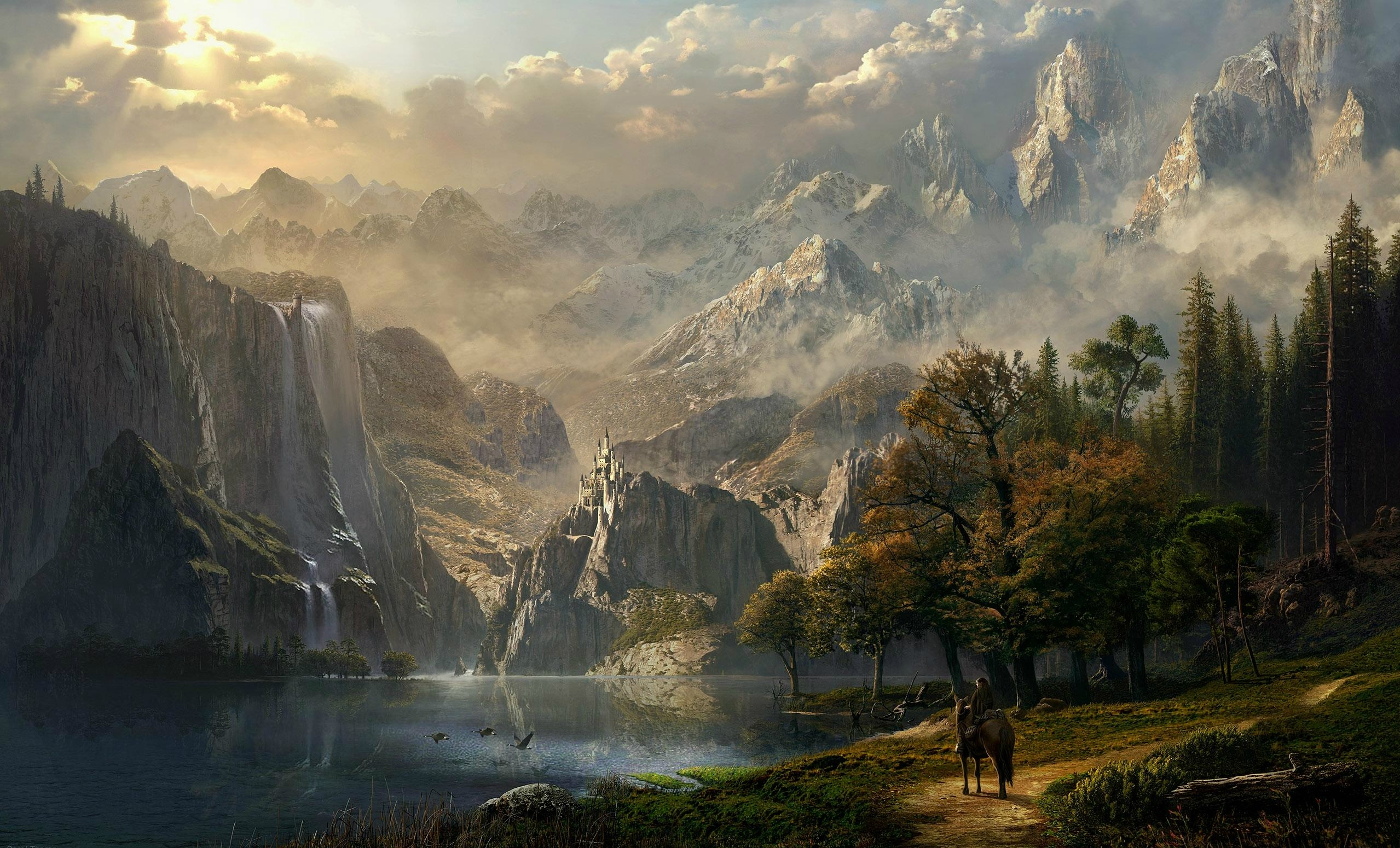 fantasy, castle, landscape, horse, adventure, lake, mountain HD wallpaper