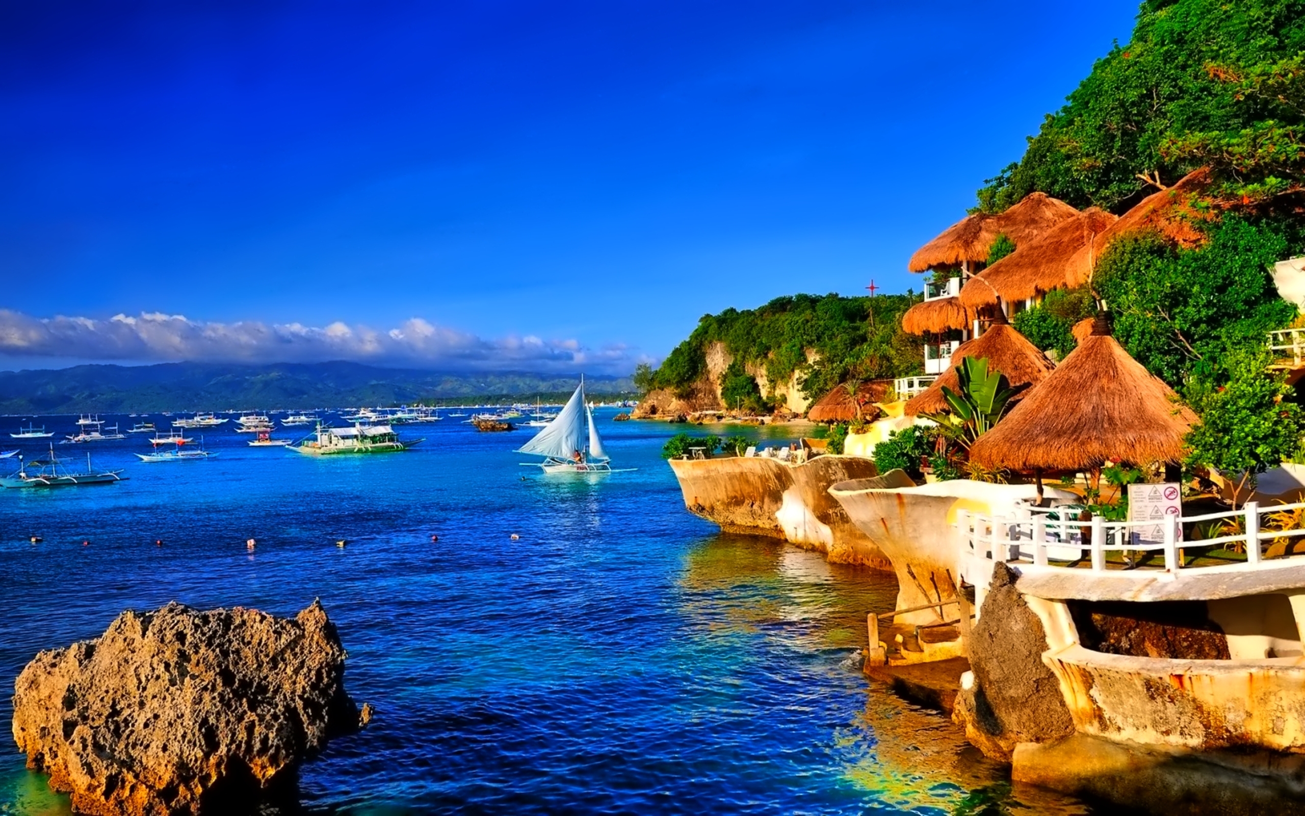 photography, seascape, boat, coastline, hut, ocean, tropical, villa Full HD