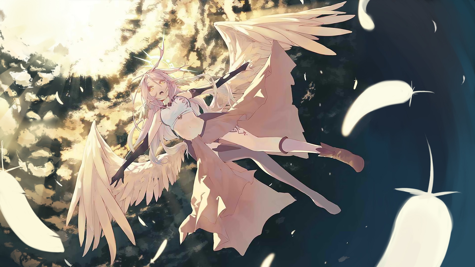 anime, no game no life, angel, feather, jibril (no game no life), pink hair, wings, yellow eyes