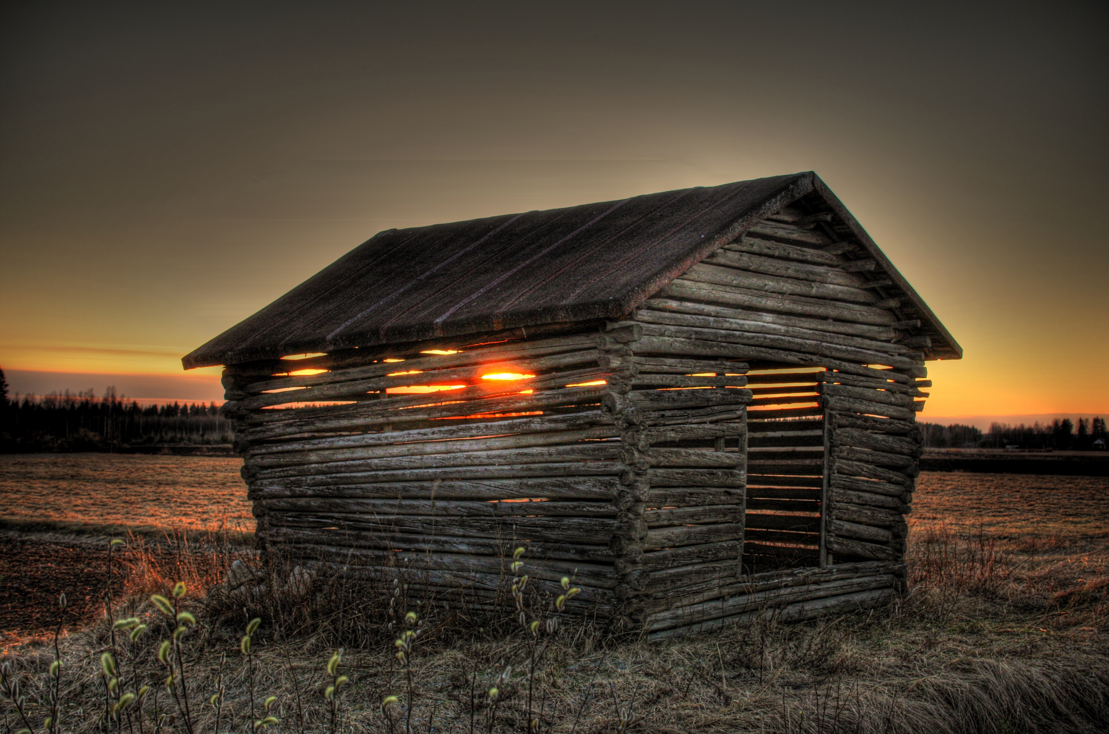 Free download wallpaper Nature, Field, Lodge, Sunset, Small House, Landscape on your PC desktop
