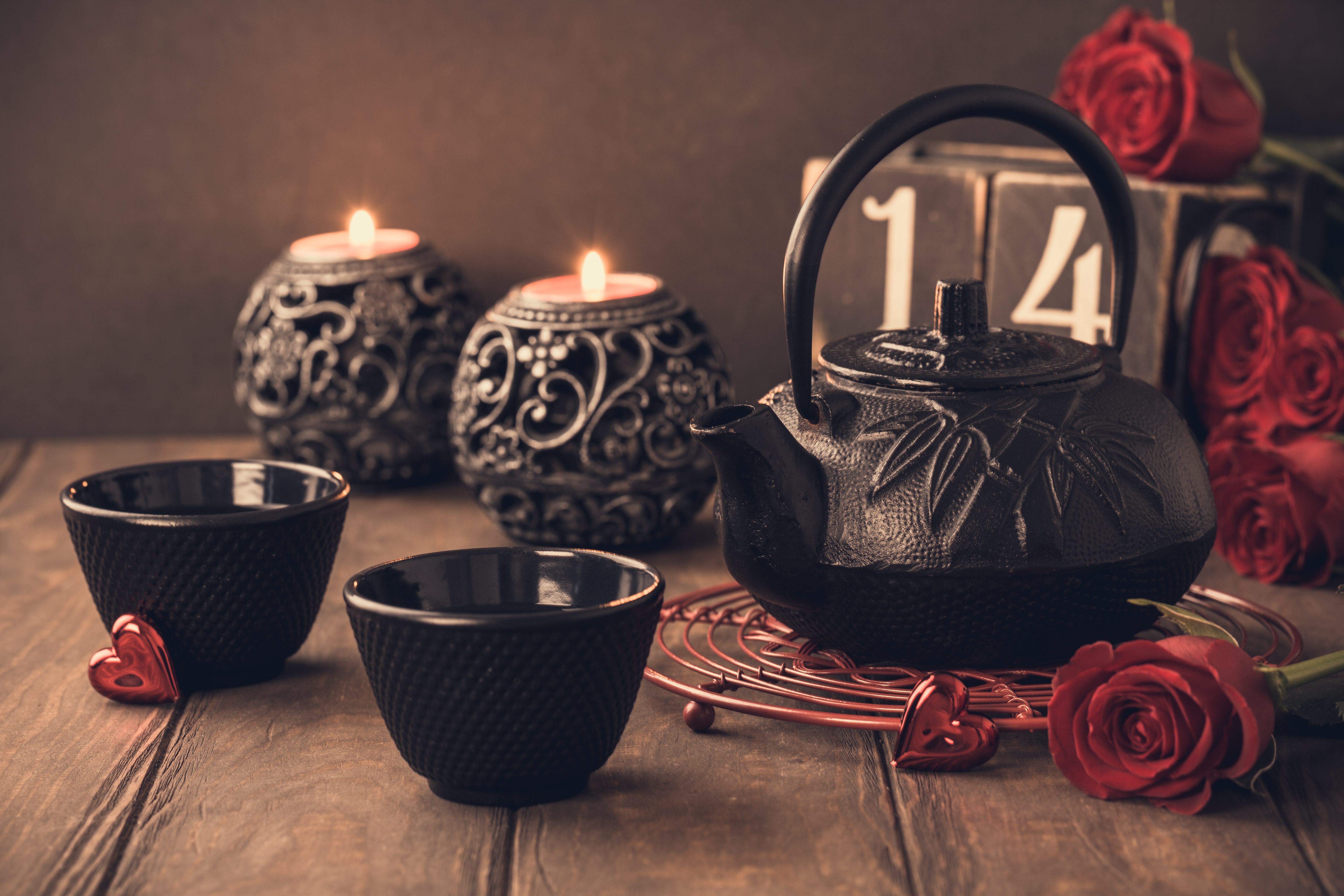 kettle, holiday, valentine's day, candle, cup, red flower, rose, still life lock screen backgrounds