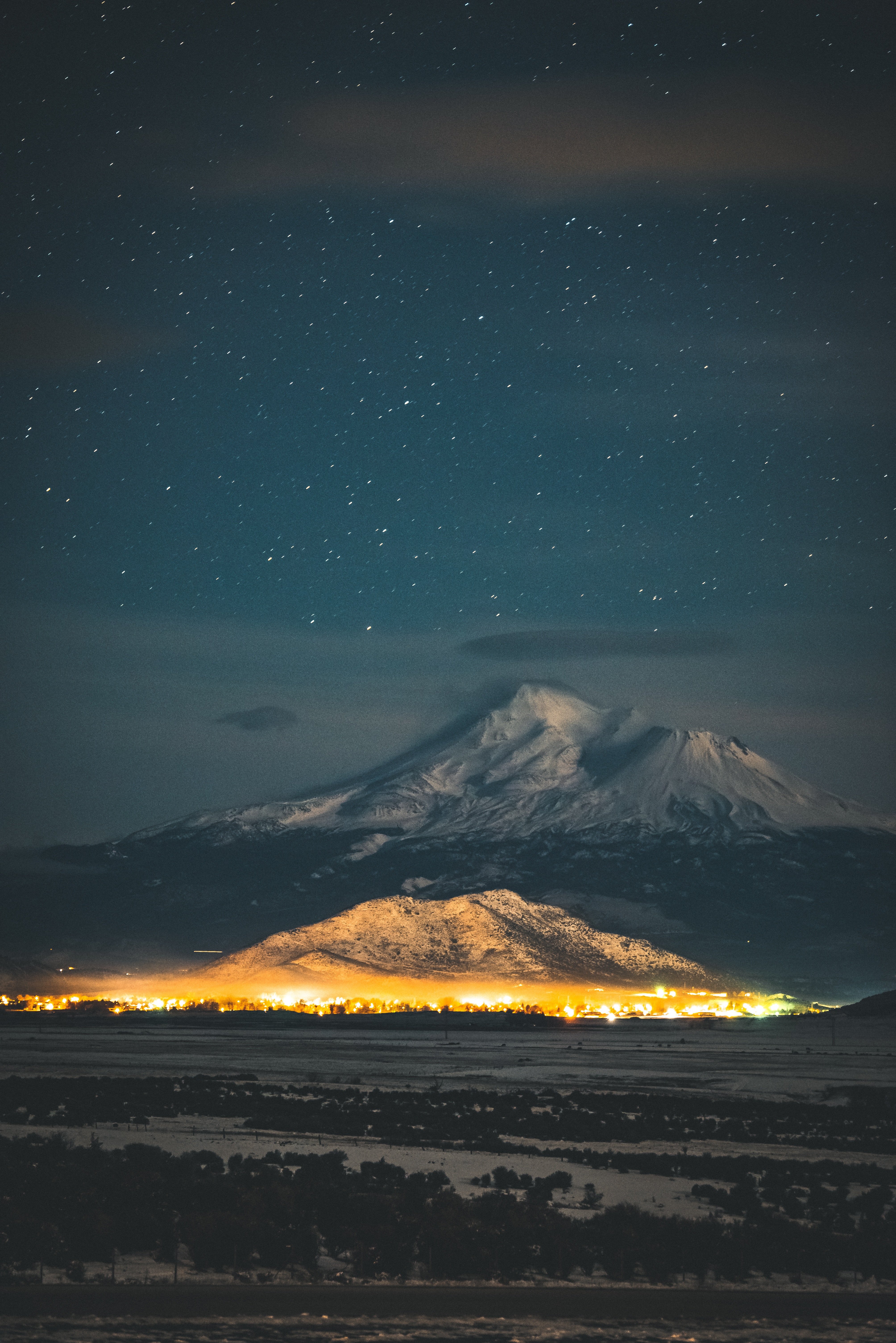 nature, night, mountain, starry sky, snow covered, snowbound Panoramic Wallpaper