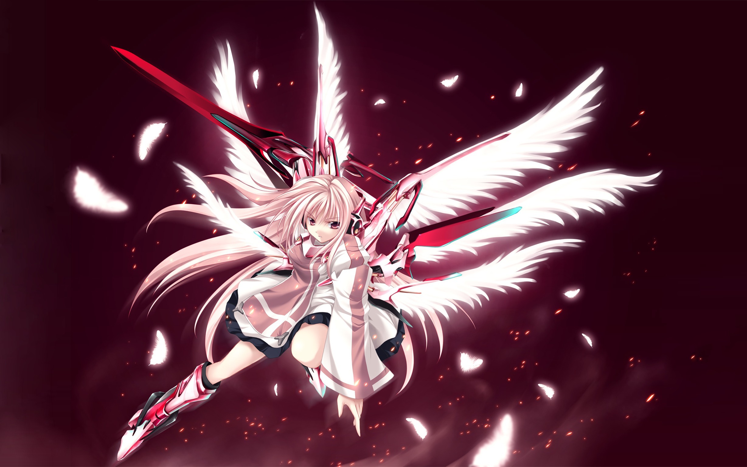 Free HD anime, angel, sword, white hair, wings