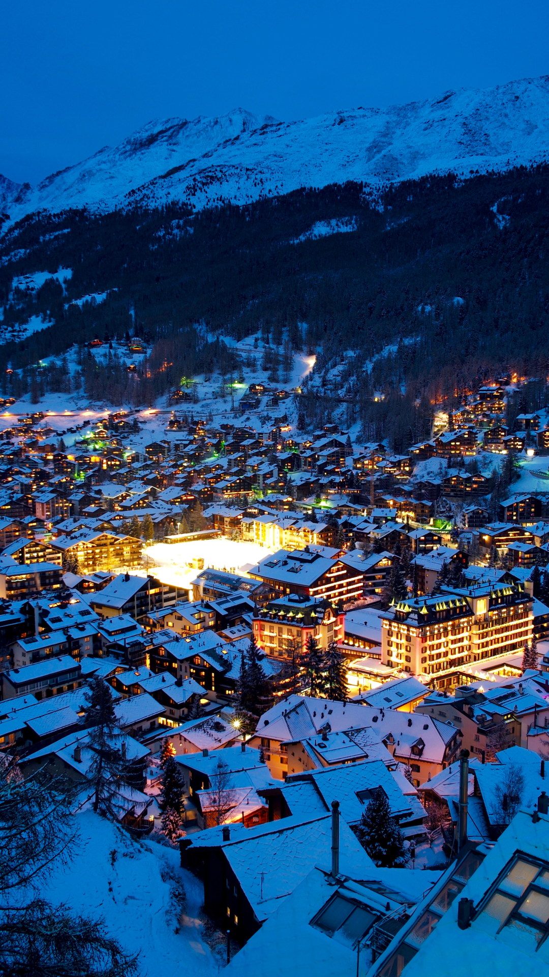 man made, zermatt, cityscape, snow, valley, alps, switzerland, light, winter, town, night, towns