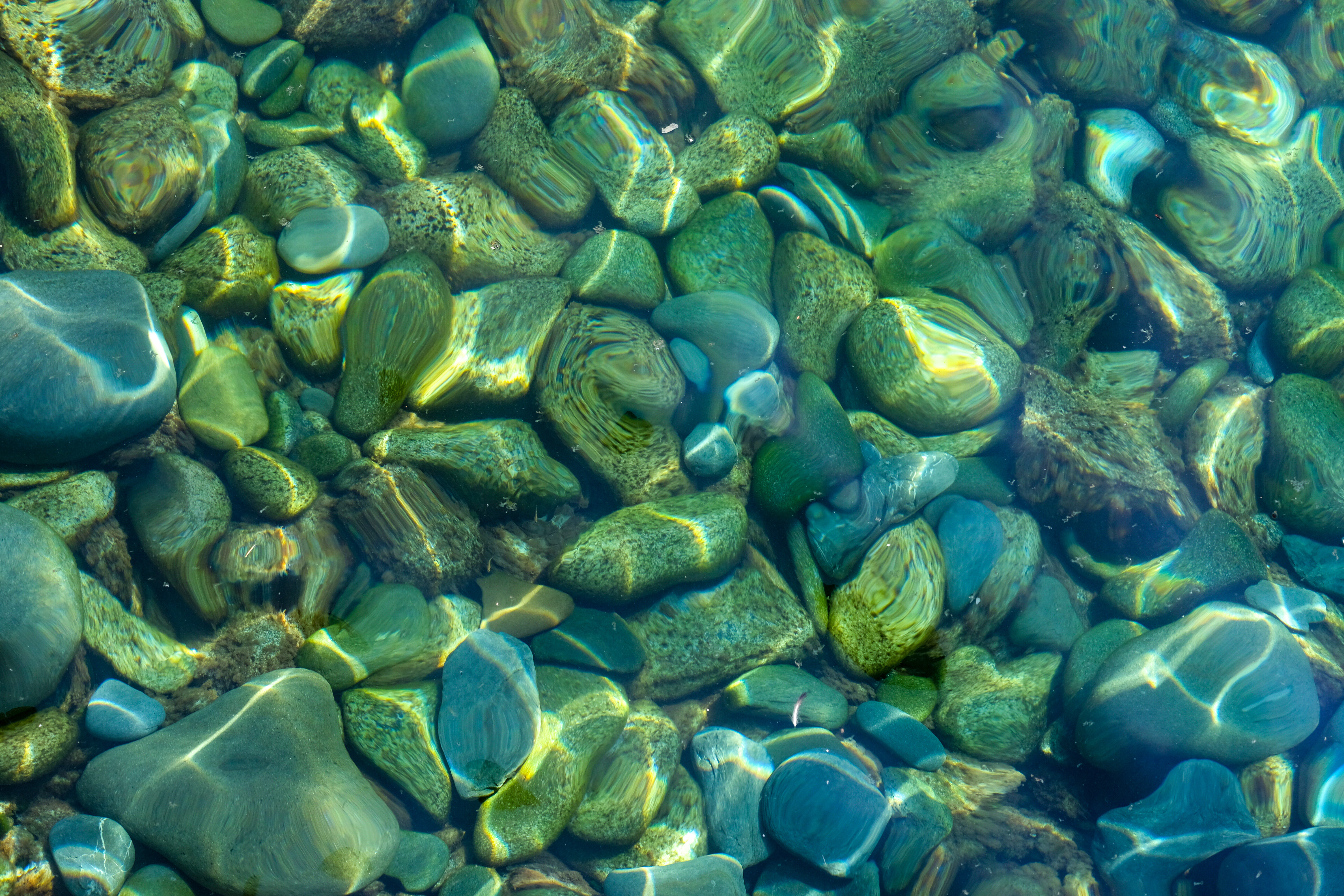 nature, pebble, water, stones, glare, distortion
