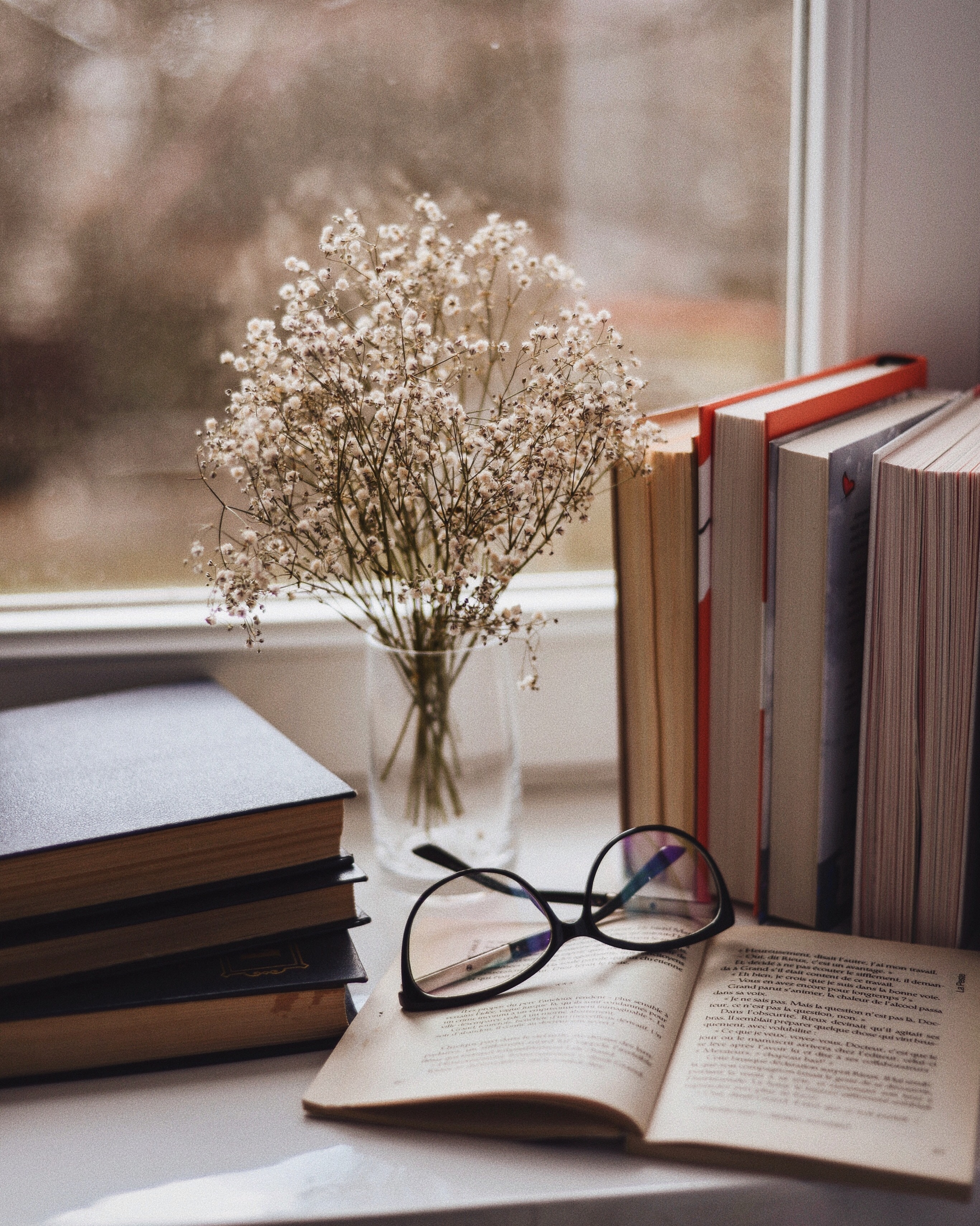 books, glasses, spectacles, flowers, miscellanea, miscellaneous, window, vase, window sill, windowsill Full HD