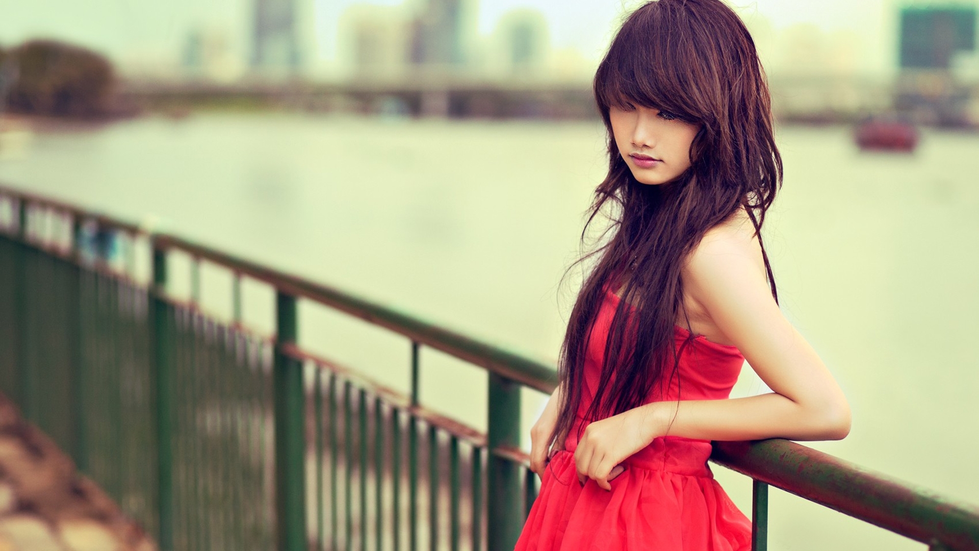 women, asian, brunette, dress, long hair, red dress
