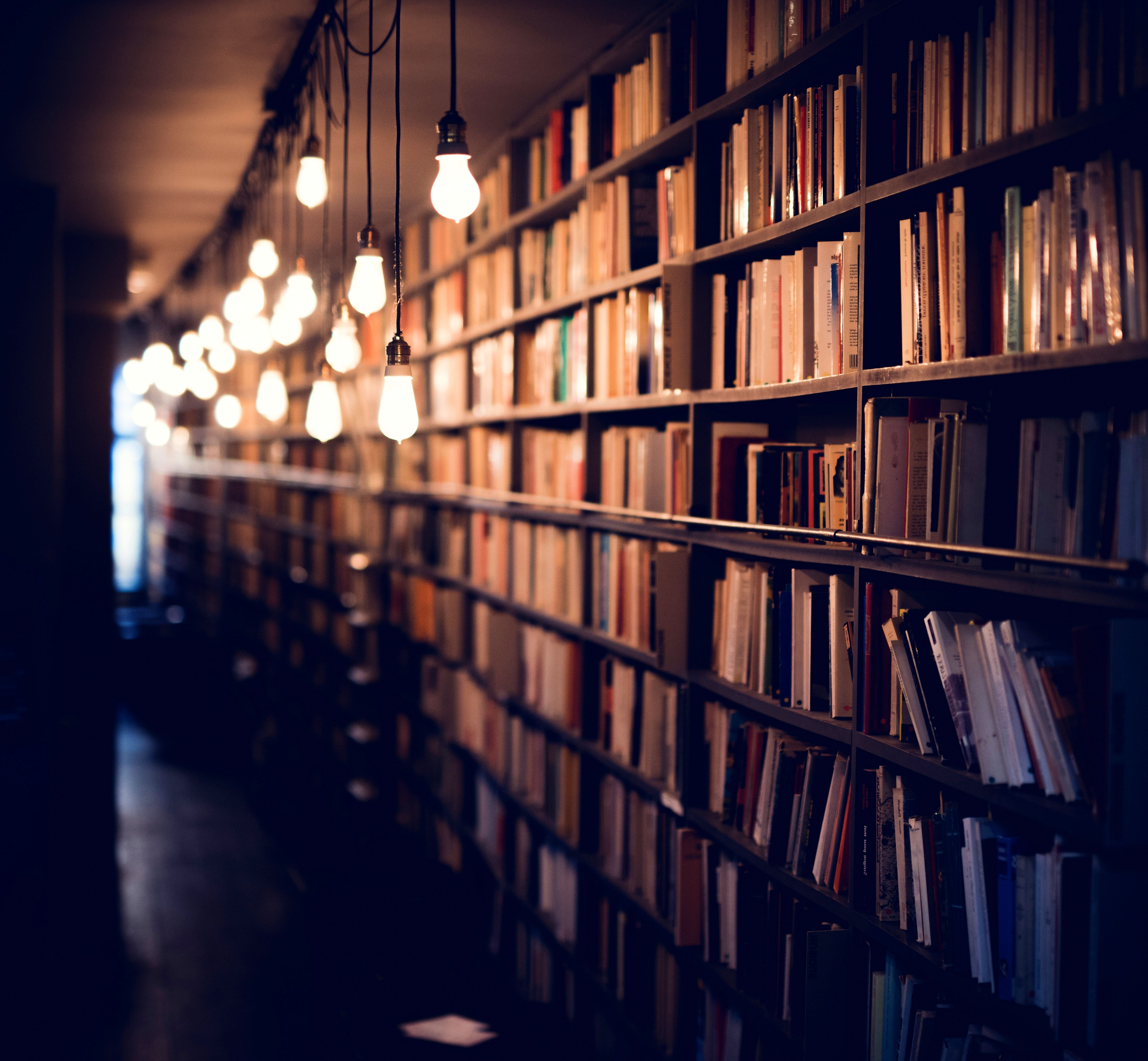 books, illumination, library, shelves, miscellaneous, miscellanea, lighting