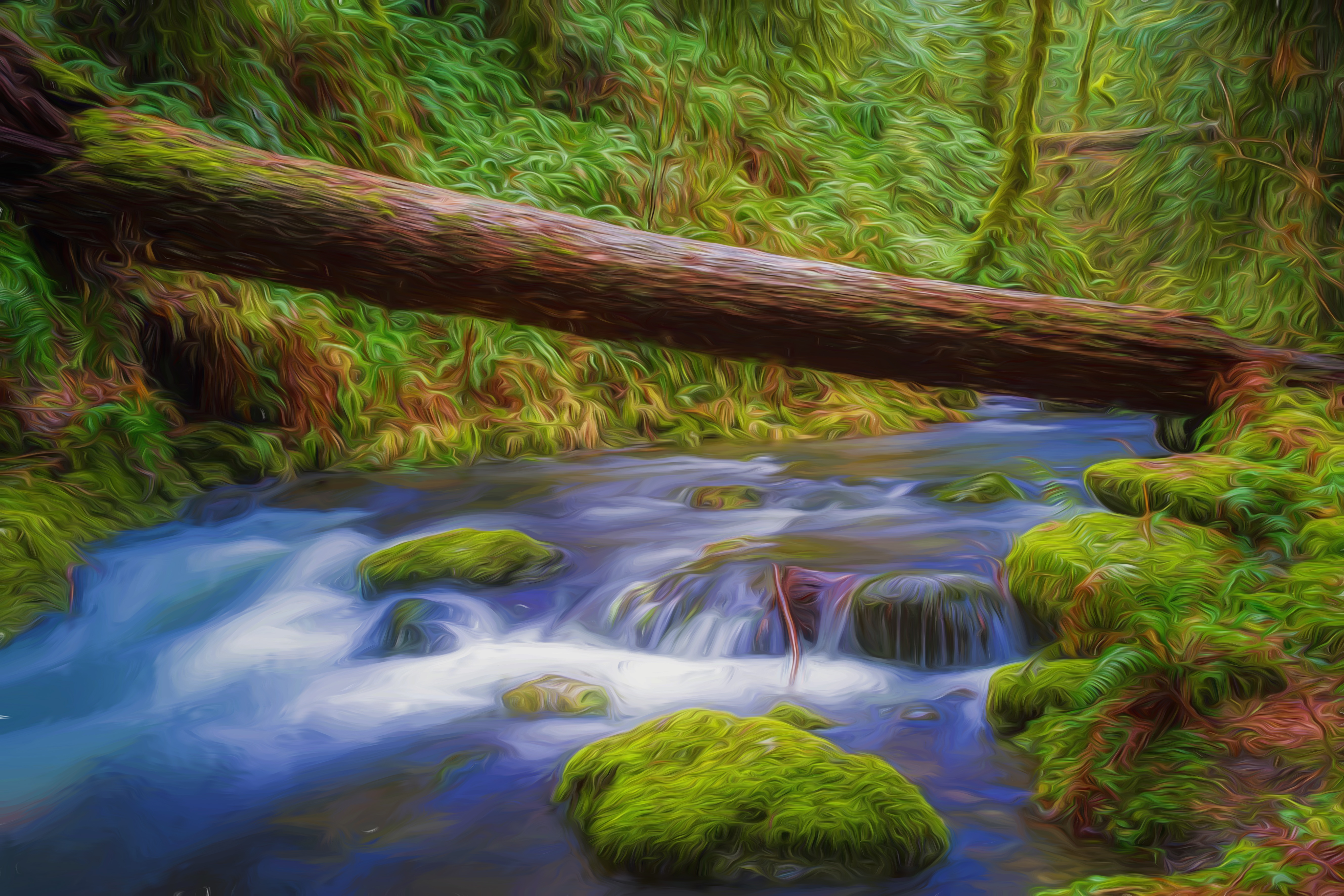 vertical wallpaper nature, water, earth, stream, canada, log, moss, oil painting, painting