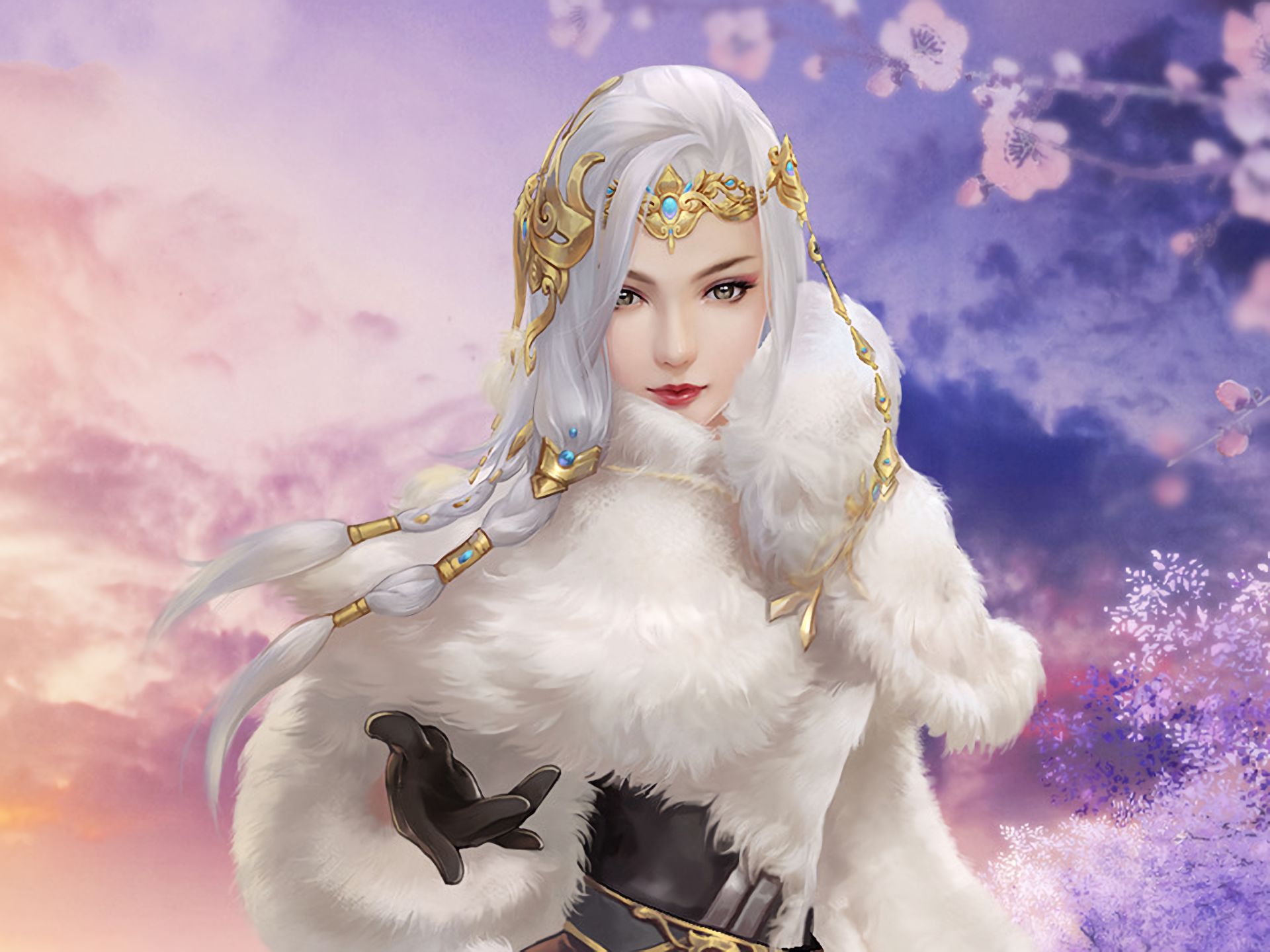 fantasy, women, crown, fur, white hair Aesthetic wallpaper
