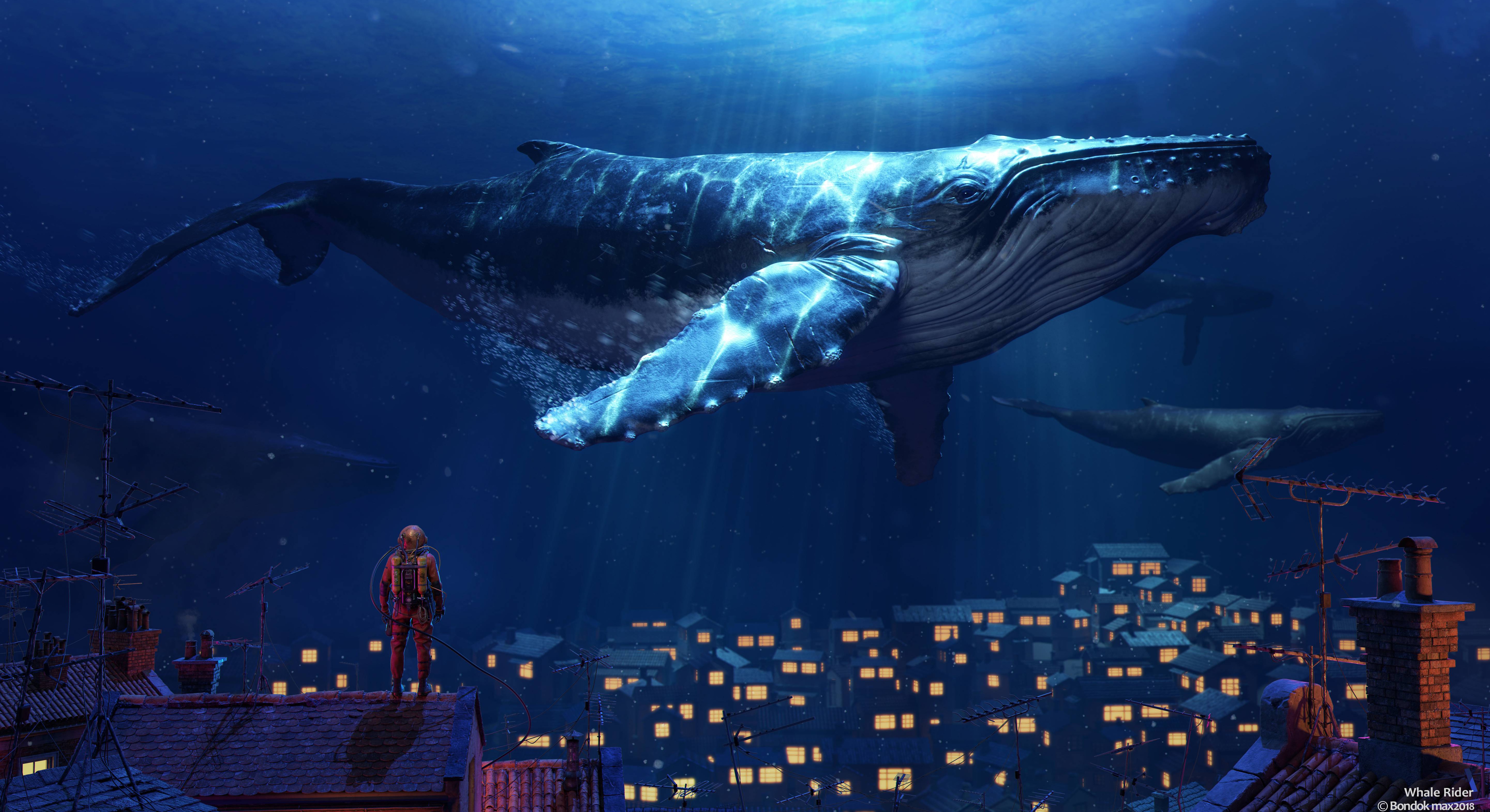 Download mobile wallpaper Fantasy, Whale, Underwater, Town, Fantasy Animals for free.