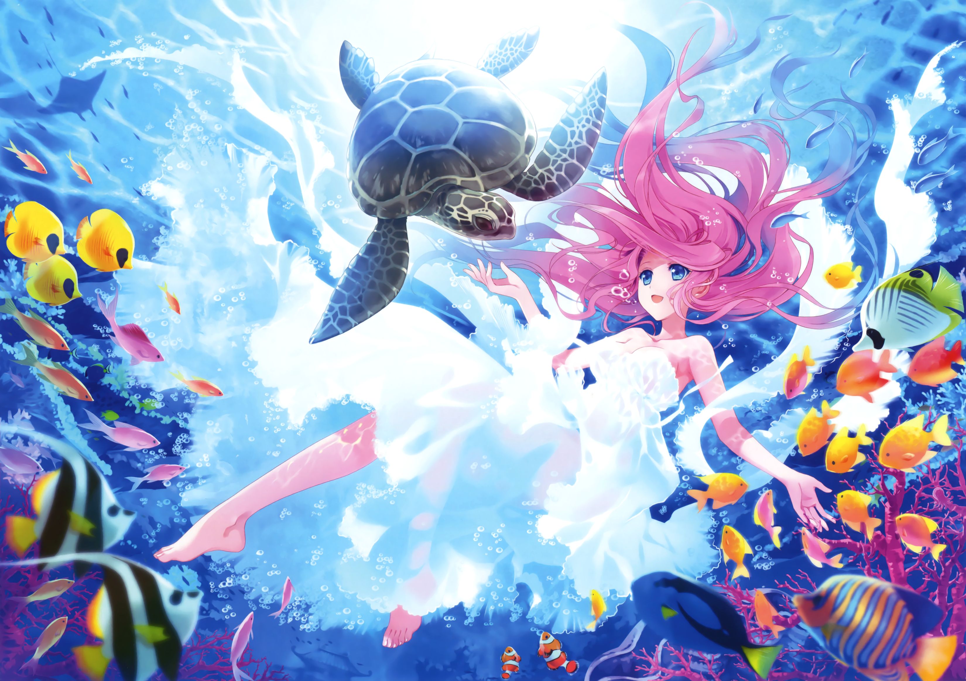 793482 скачать обои аниме, под водой, рыба, розовые волосы, черепаха - заставки и картинки бесплатно