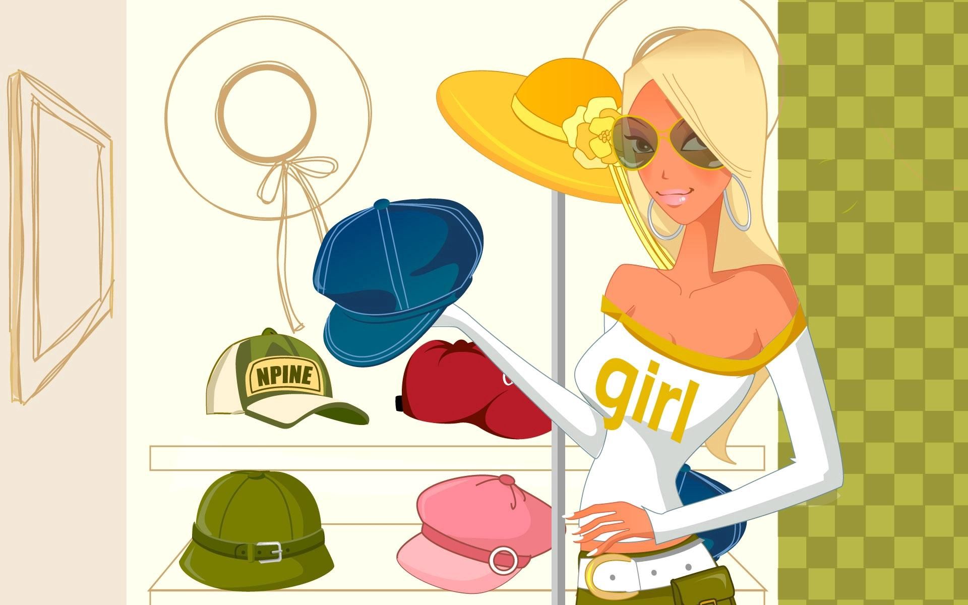 vector, girl, style, hats, shop, score