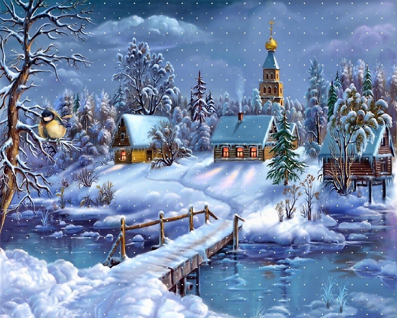 landscape, pictures, winter, houses, rivers, snow, blue