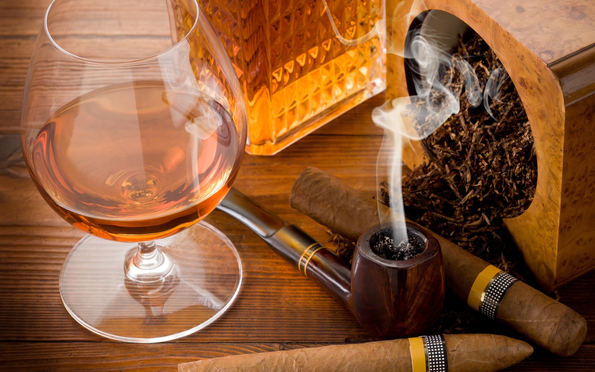 food, whisky, brandy, cigar, glass, smoking pipe, table