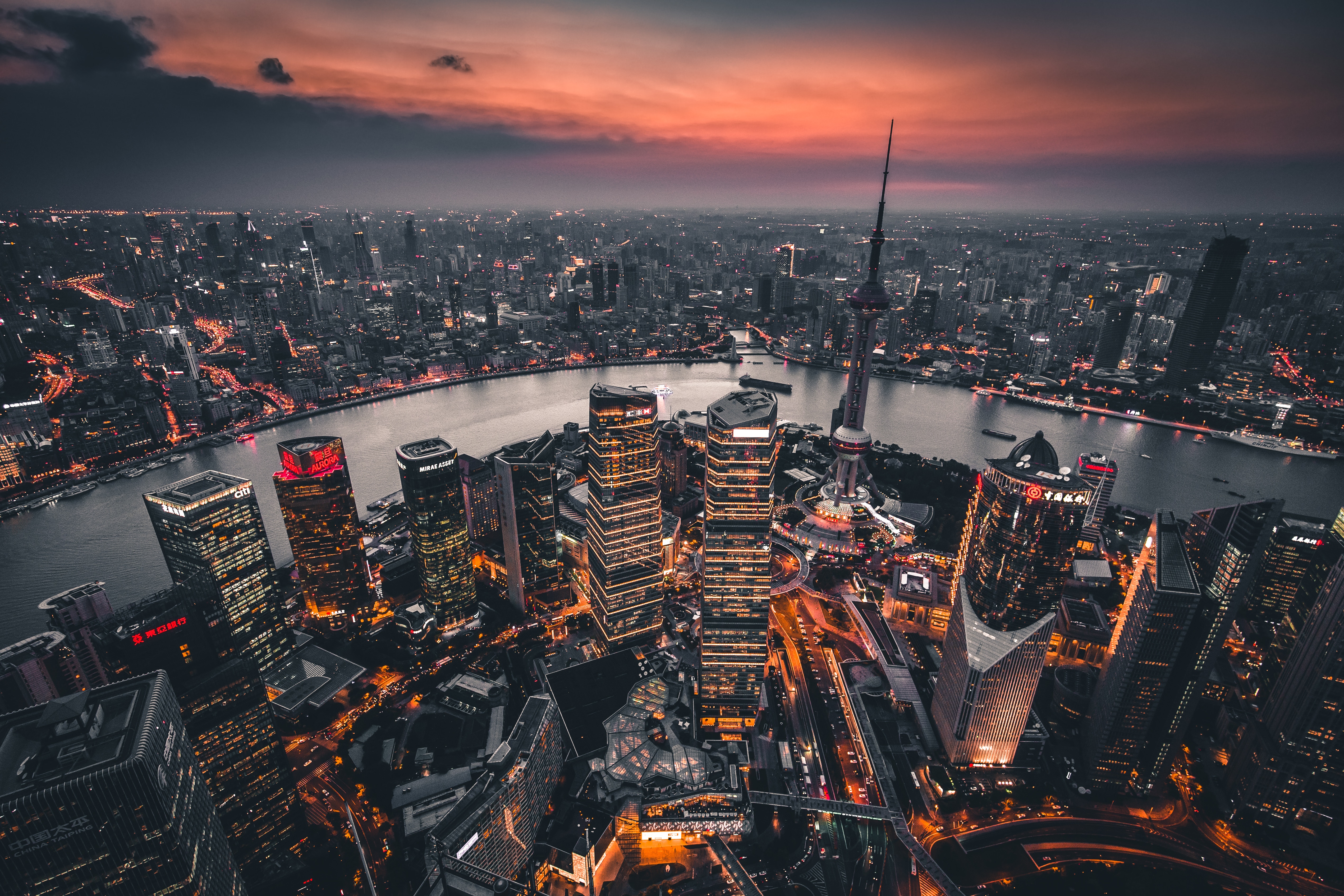 city lights, overview, night city, shanghai, cities, view from above, review, china Full HD