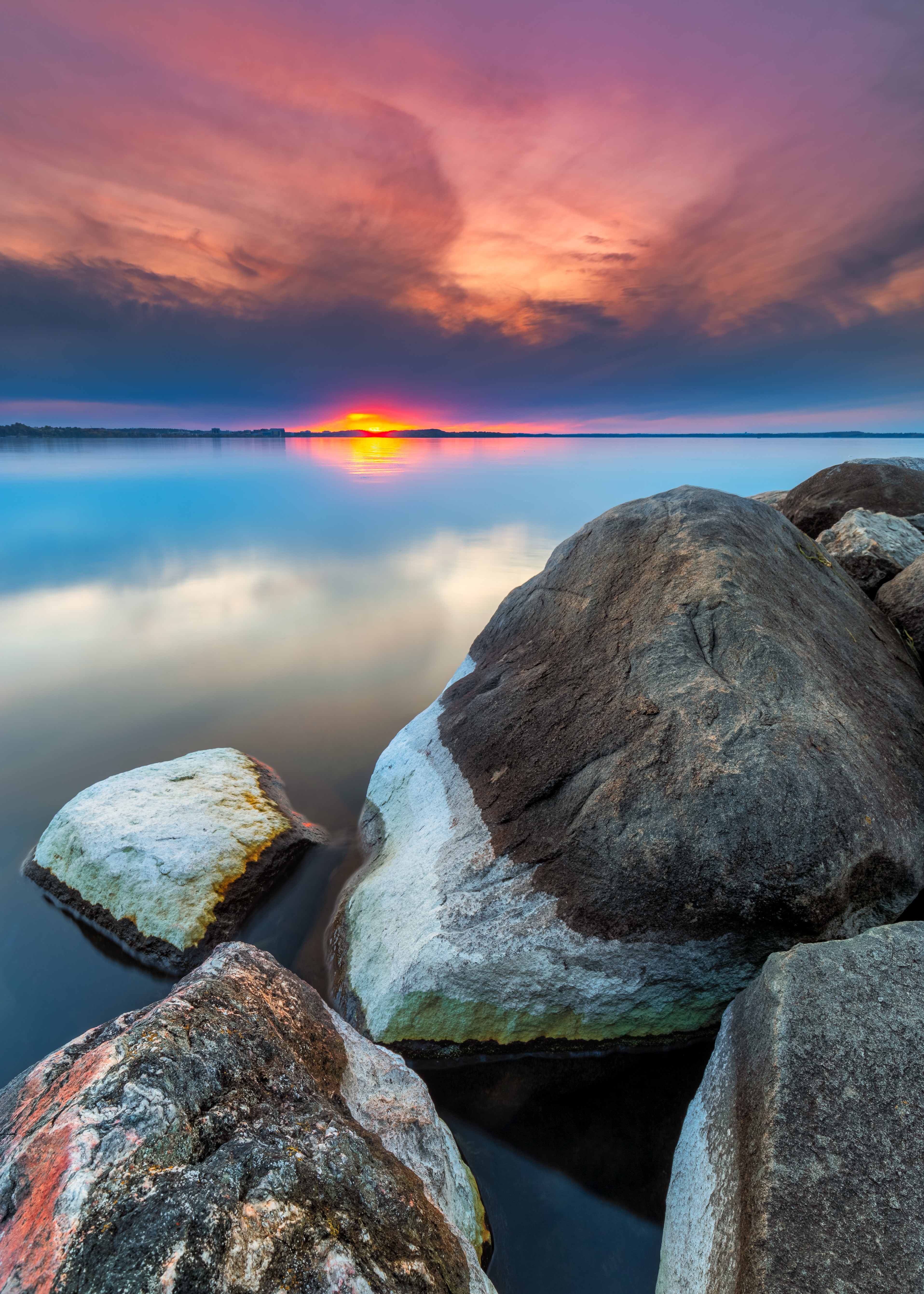 Free download wallpaper Stones, Rocks, Water, Sunset, Nature, Landscape on your PC desktop