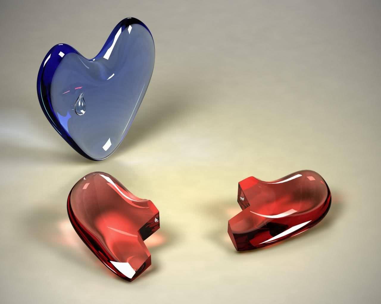 3d, couple, pair, glass, heart, crack, smithereens, shards