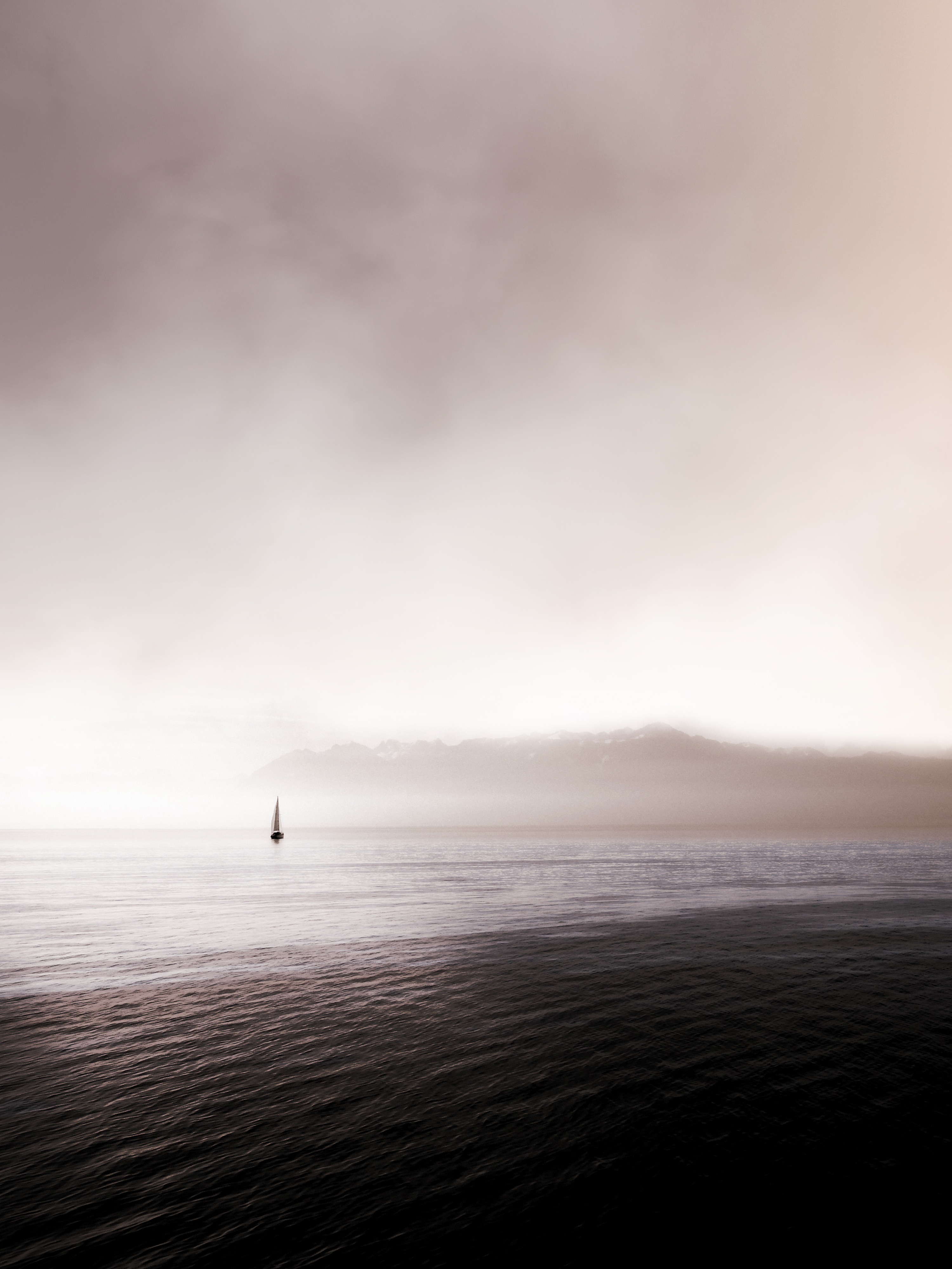 sailboat, nature, sea, waves, fog, dahl, distance, sailfish