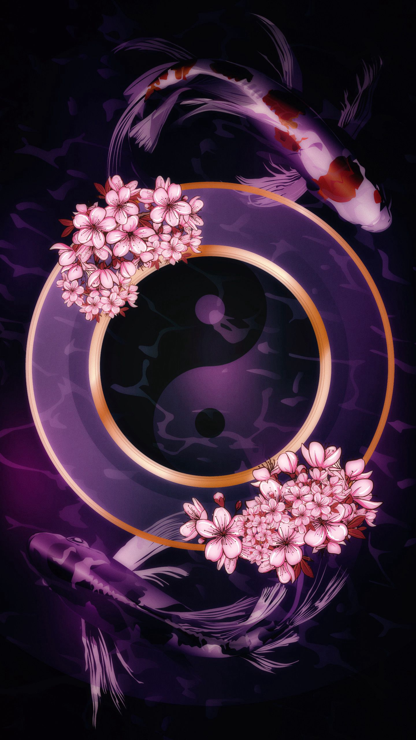 Download mobile wallpaper Yin Yang, Fishes, Sign, Flowers, Art for free.
