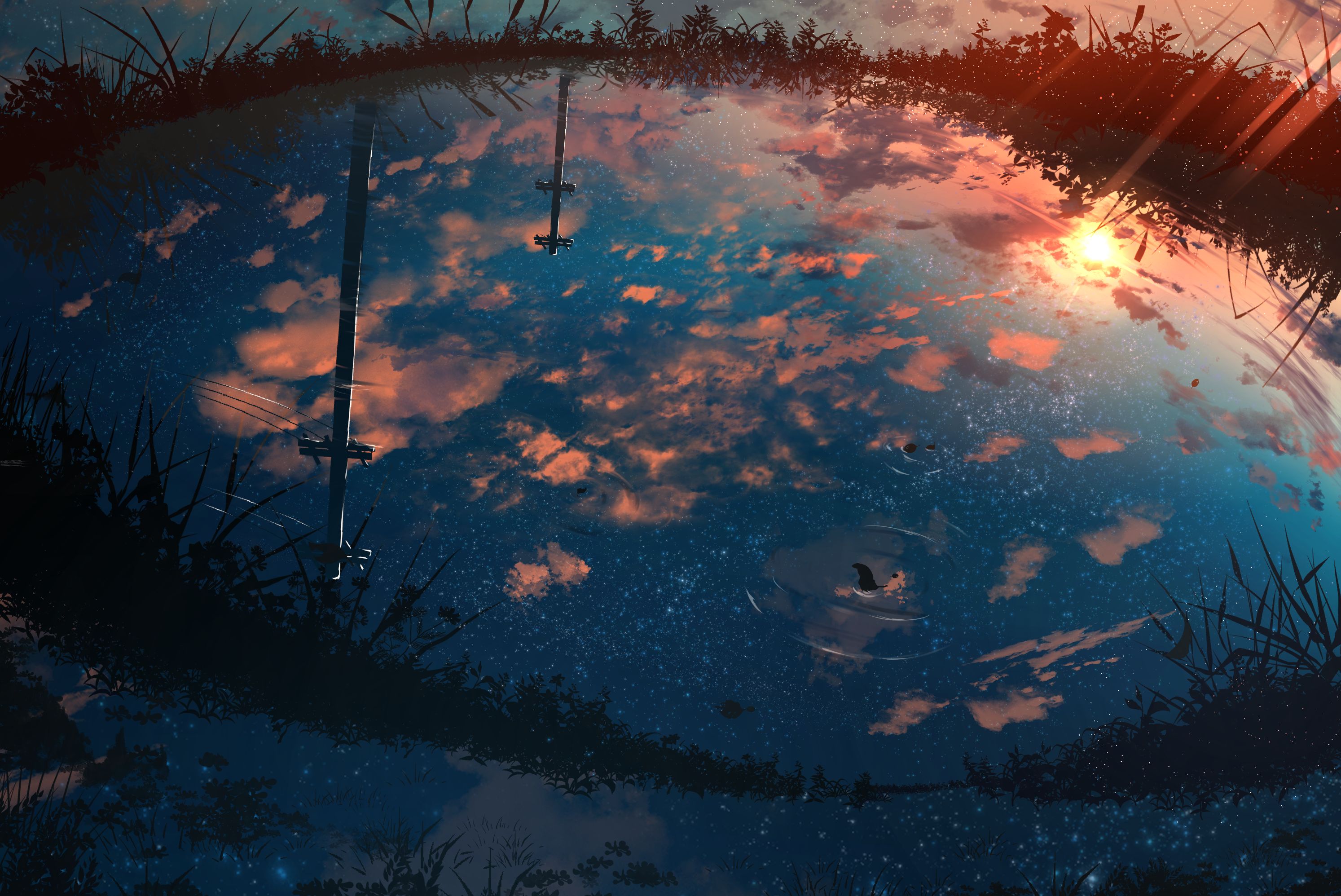 water, anime, puddle, sky, starry sky, sunset
