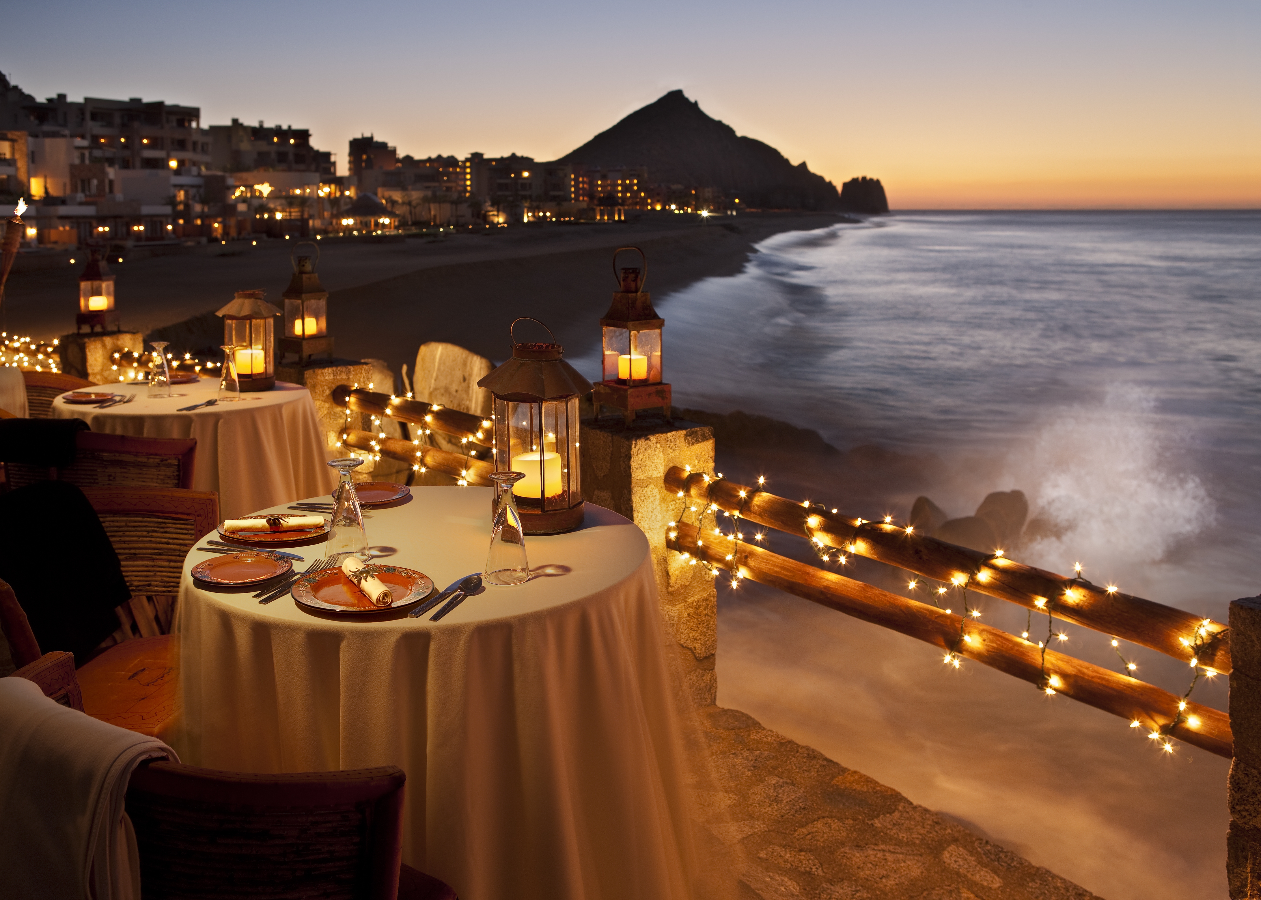 garland, dinner, view, nature, lights, coast, evening, table, supper, restaurant phone background