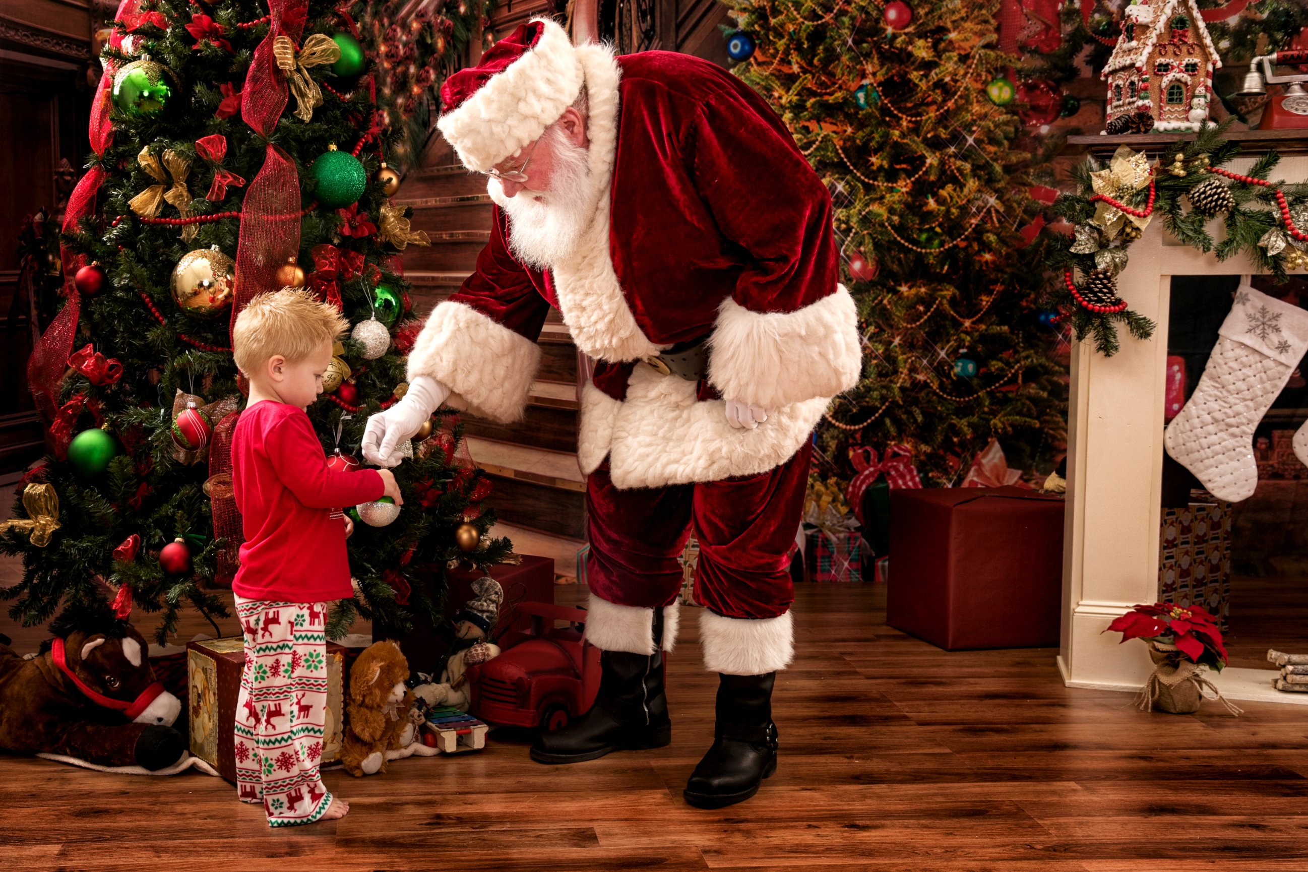 santa claus, holiday, christmas, child, christmas tree