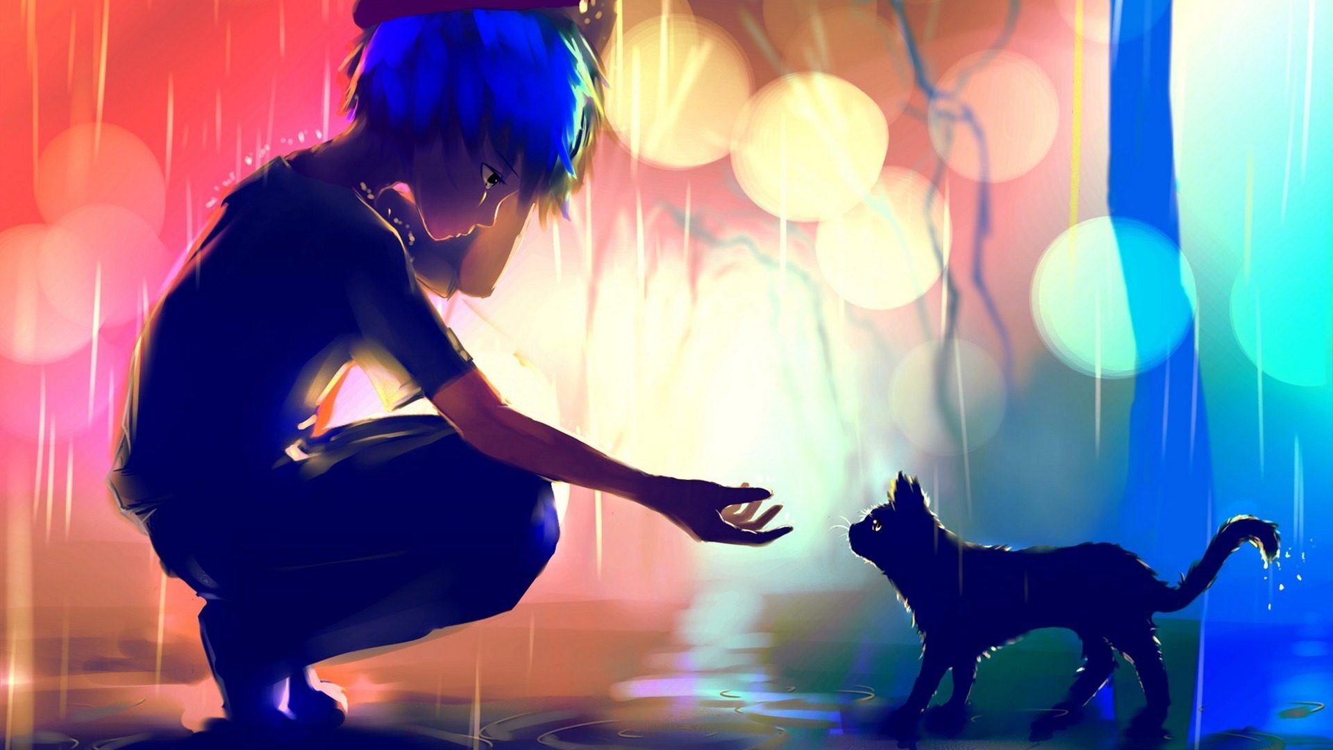 original, glow, cat, rain, anime, blue hair 4K