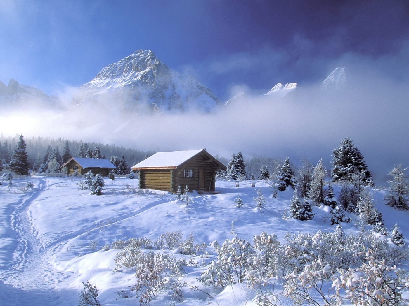 houses, landscape, winter, mountains, snow, blue
