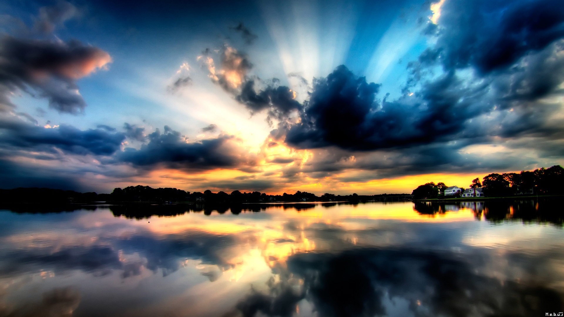 sunset, earth, water, reflection, house, lake, tree, sky, cloud HD wallpaper