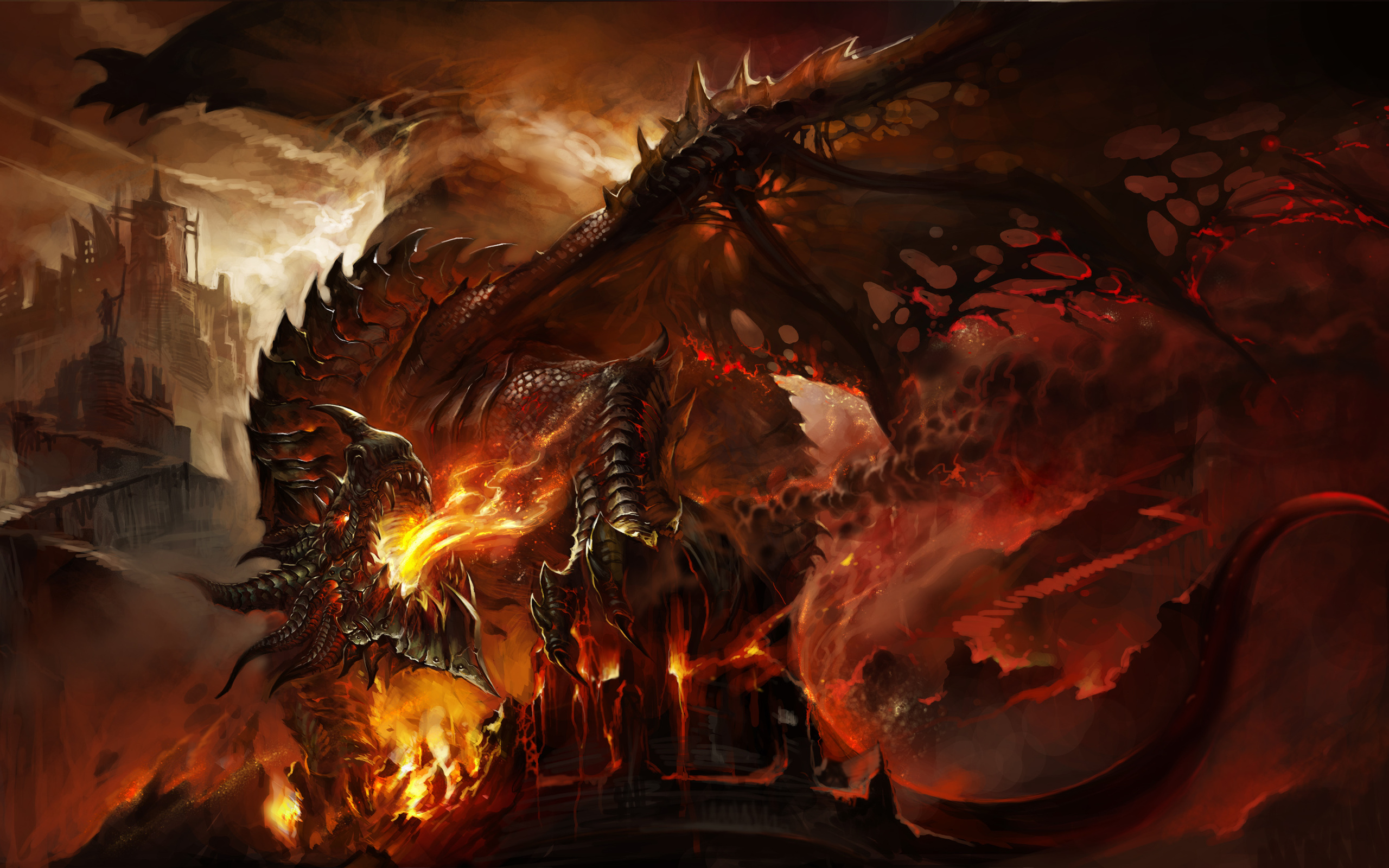 world of warcraft, video game, city, deathwing (world of warcraft), dragon, fantasy, fire, warcraft