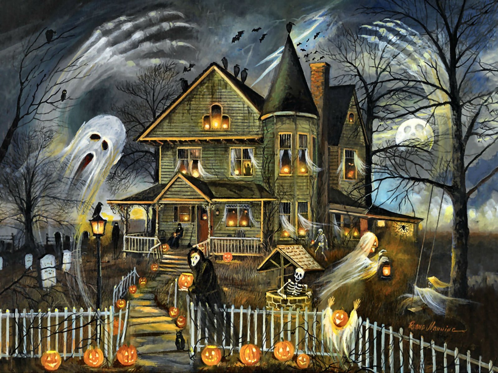 Download mobile wallpaper Halloween, Holiday, Ghost, Cemetery, Graveyard, Jack O' Lantern, Haunted House for free.