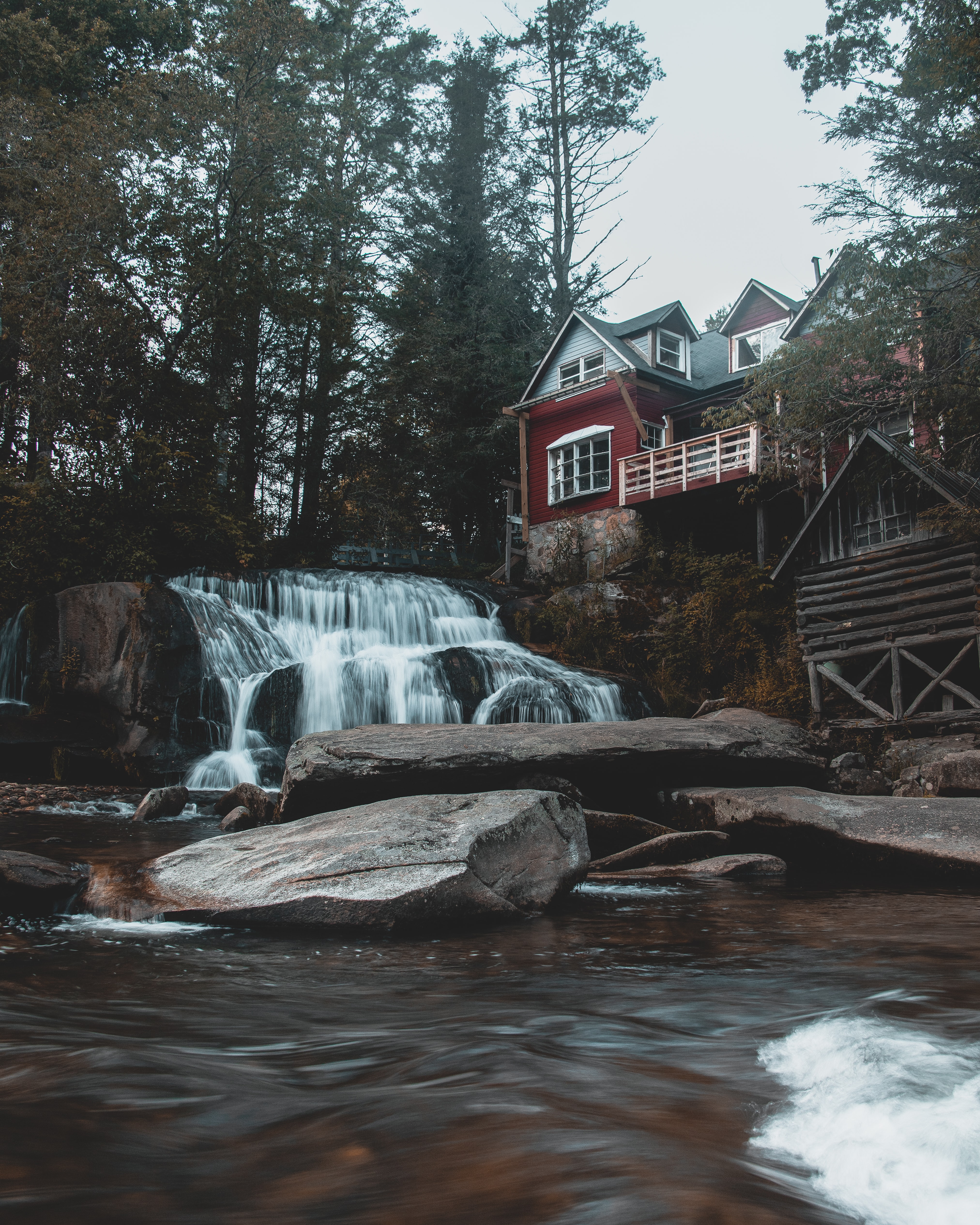 house, nature, building, waterfall, forest phone wallpaper
