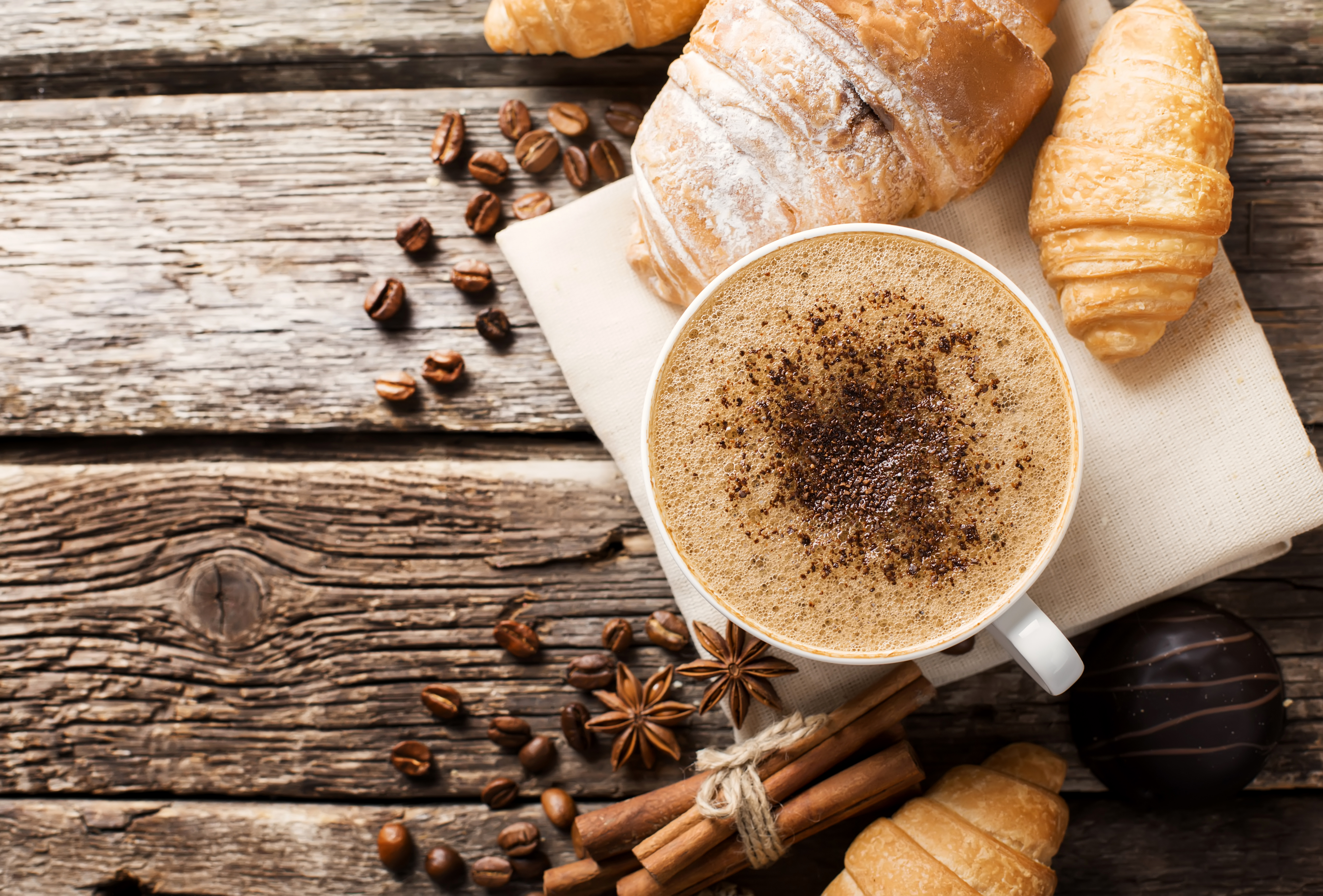 Mobile wallpaper breakfast, star anise, food, coffee, cinnamon, coffee beans, croissant, cup