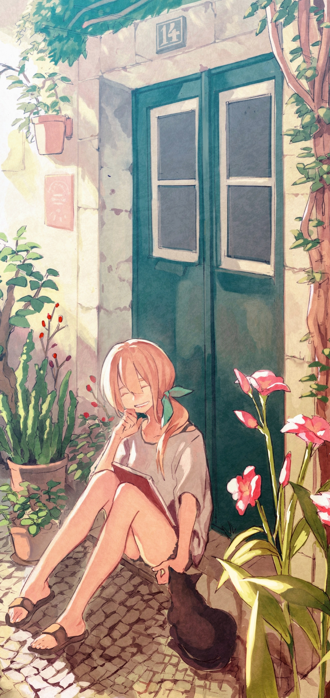 Download mobile wallpaper Anime, Flower, Cat, Book, Blonde, Original, Long Hair for free.
