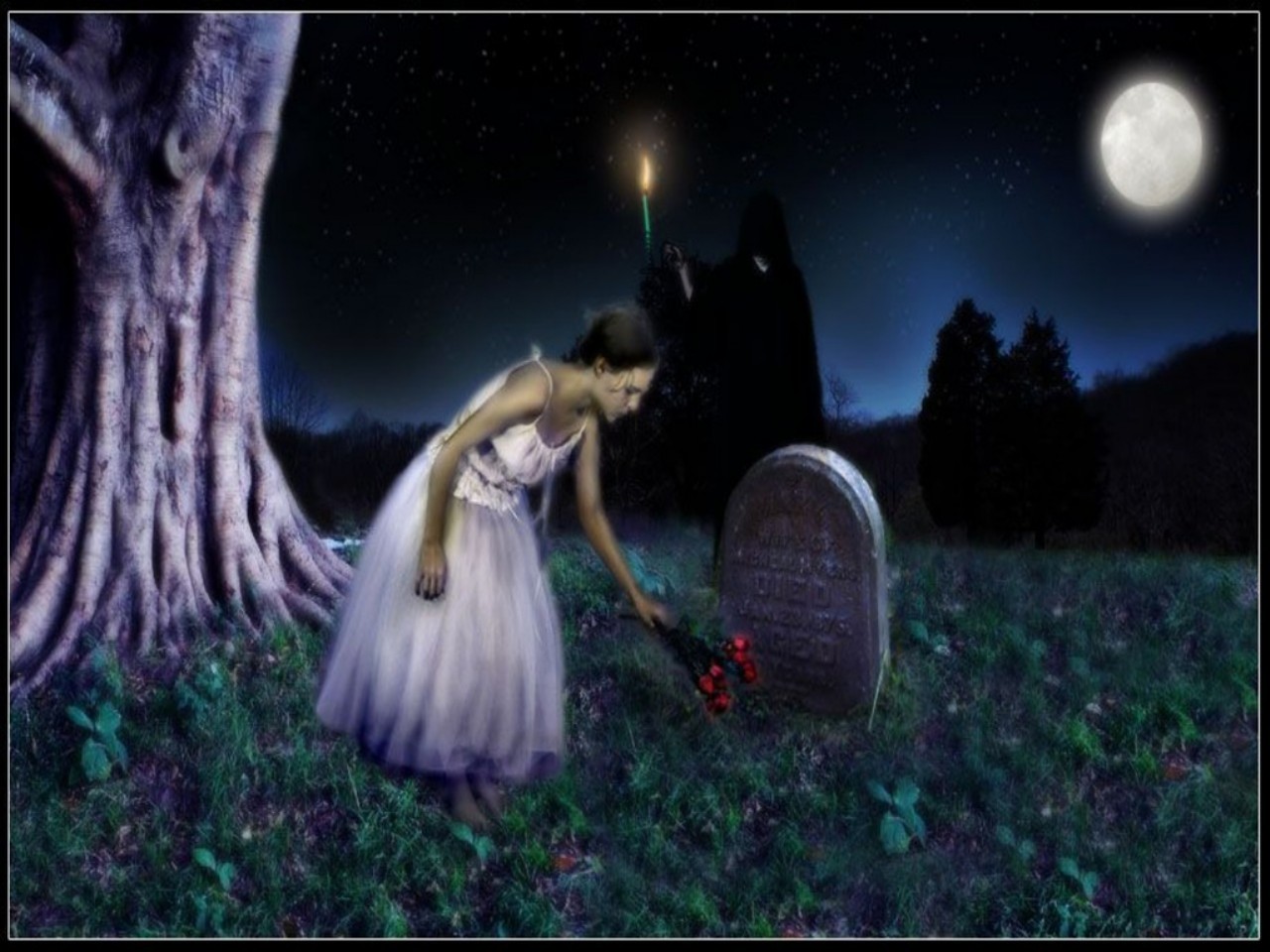Дух мужчины и женщины над кладбищем
