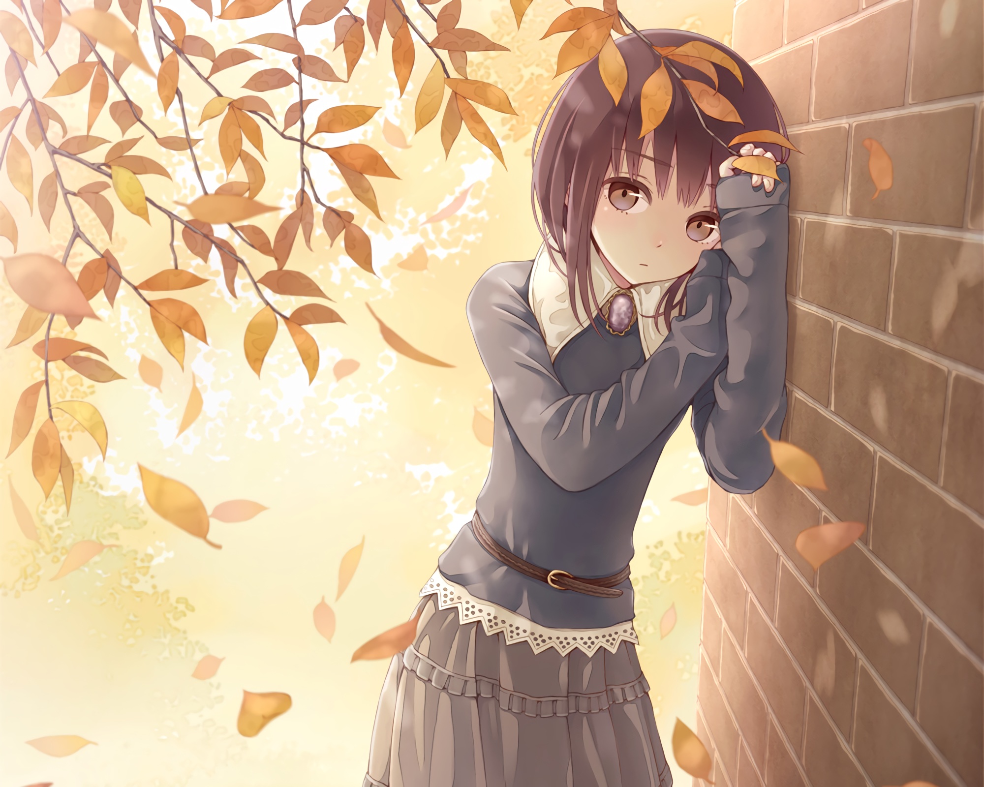 girl, wall, anime, leaf, short hair, skirt 8K