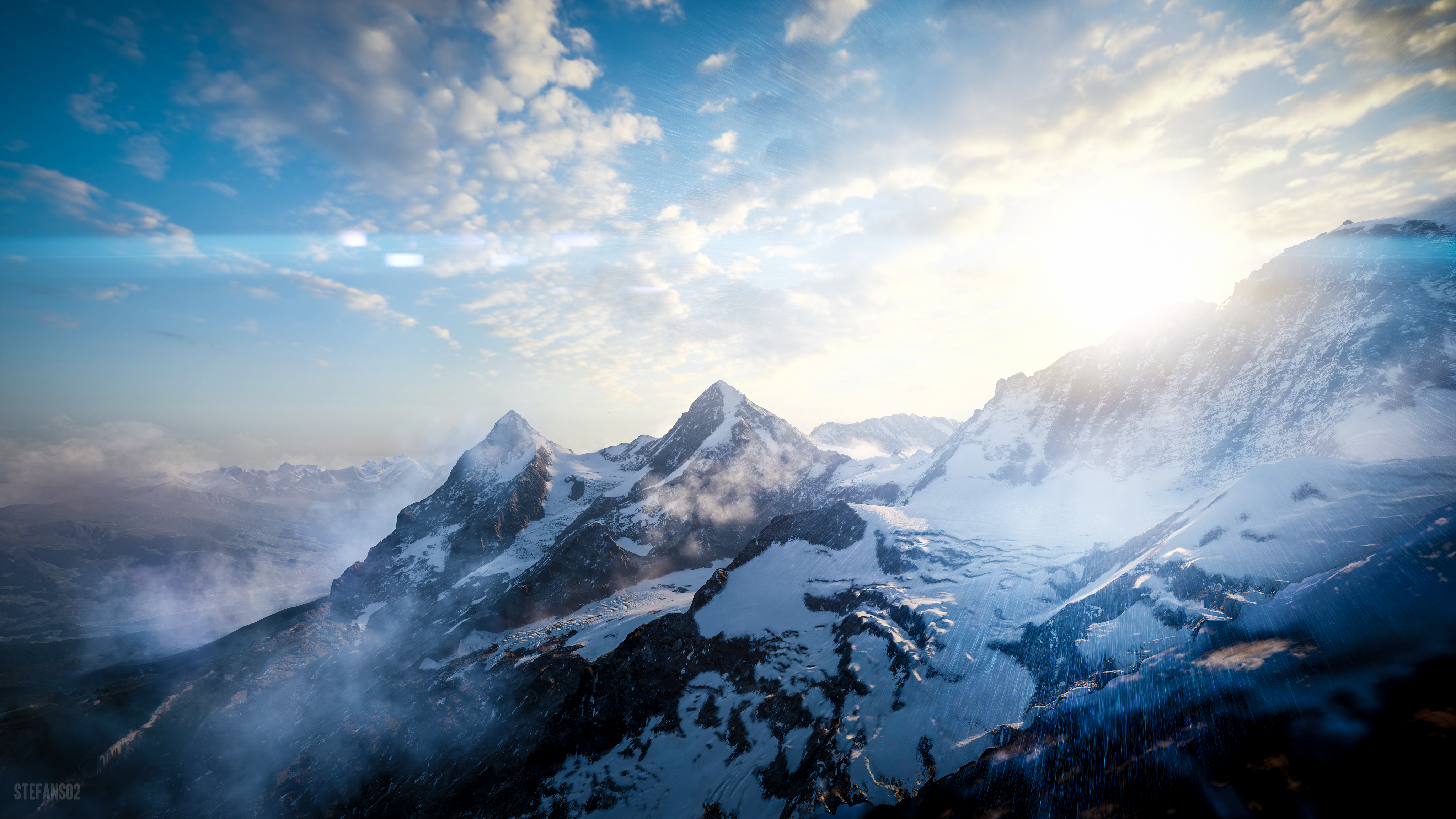 tops, mountains, view from above, nature, sky, vertex, snow covered, snowbound, sunlight 4K Ultra