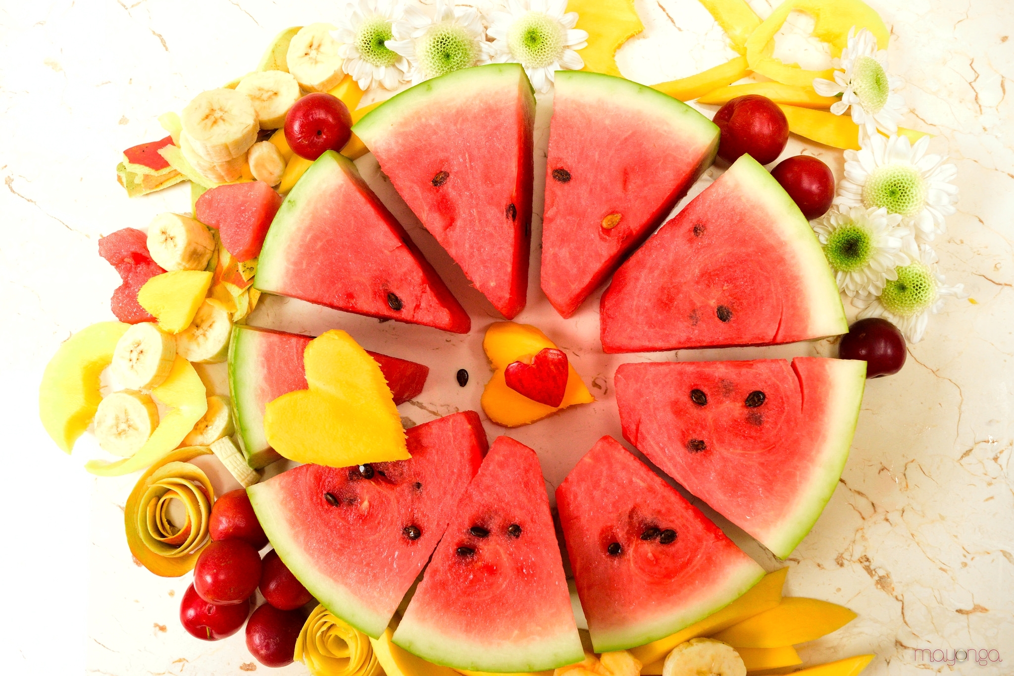 fruits, food, fruit, banana, berry, heart shaped, mango, watermelon