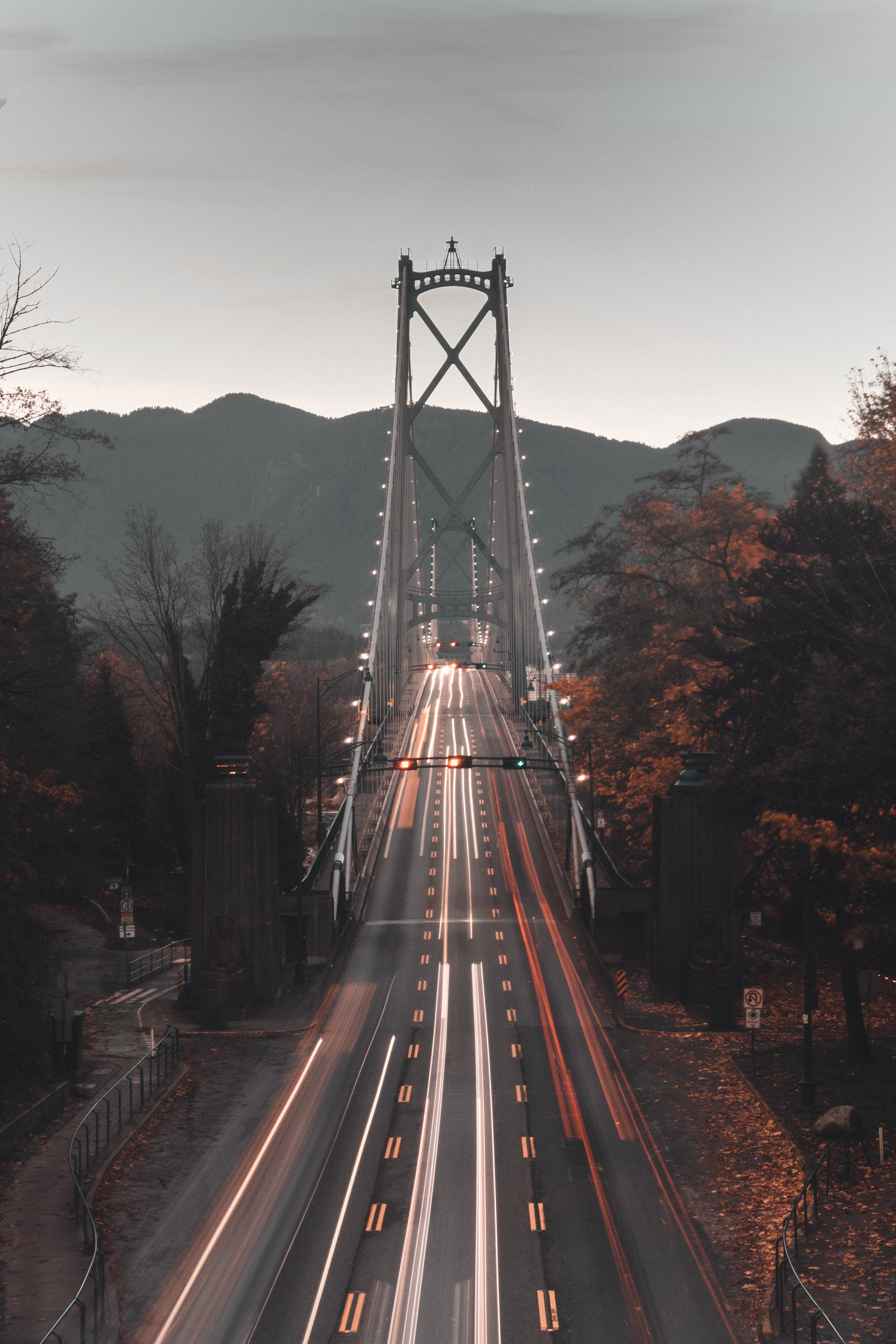 Download mobile wallpaper Cities, Mountains, Long Exposure, Road, Bridge, View From Above for free.