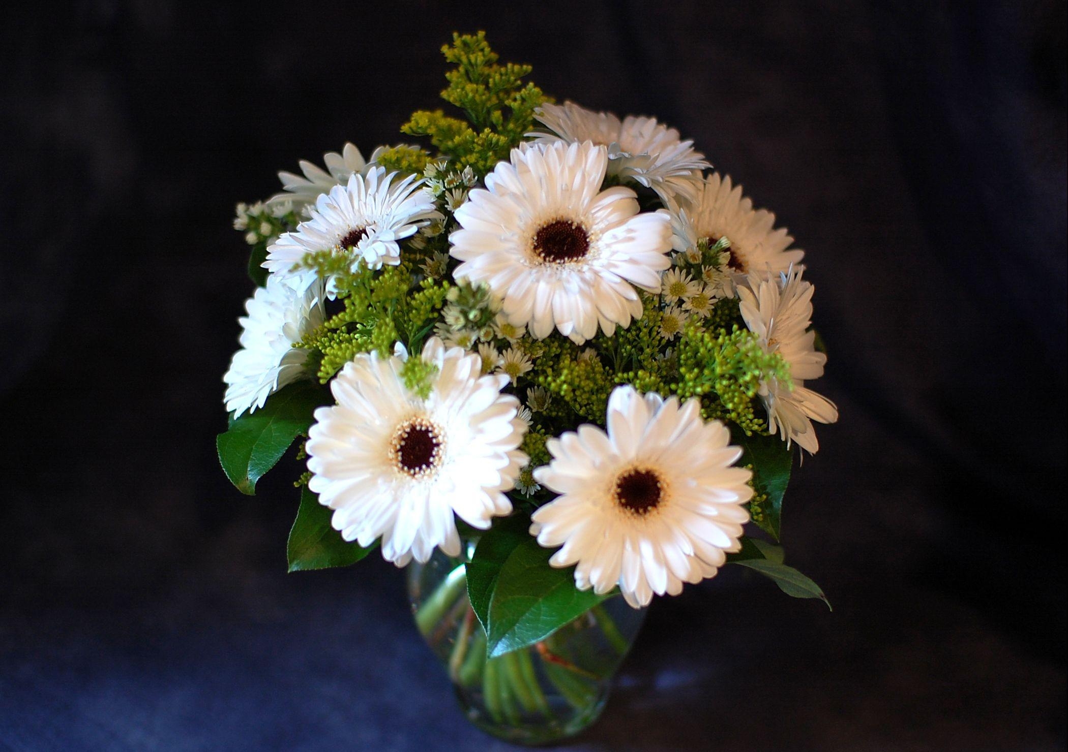 Download mobile wallpaper Bouquet, Flowers, Greens, Vase, Gerberas for free.