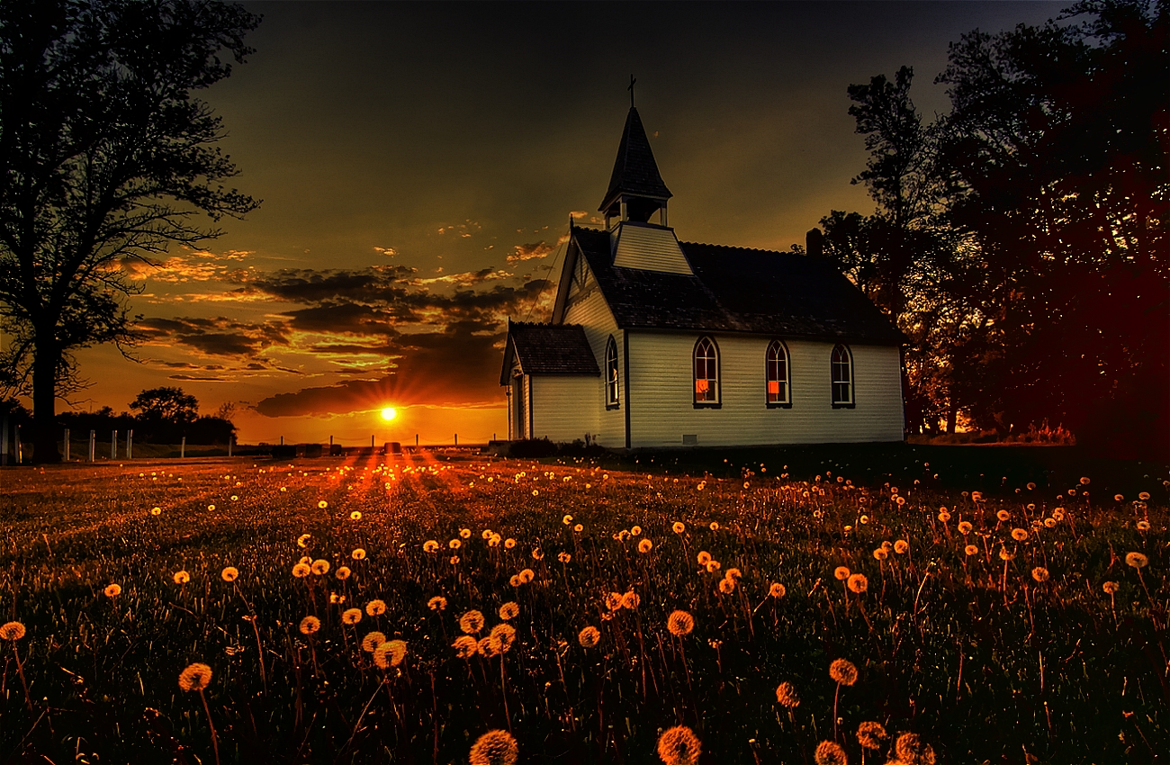 church, sunset, religious, architecture, field, churches HD wallpaper
