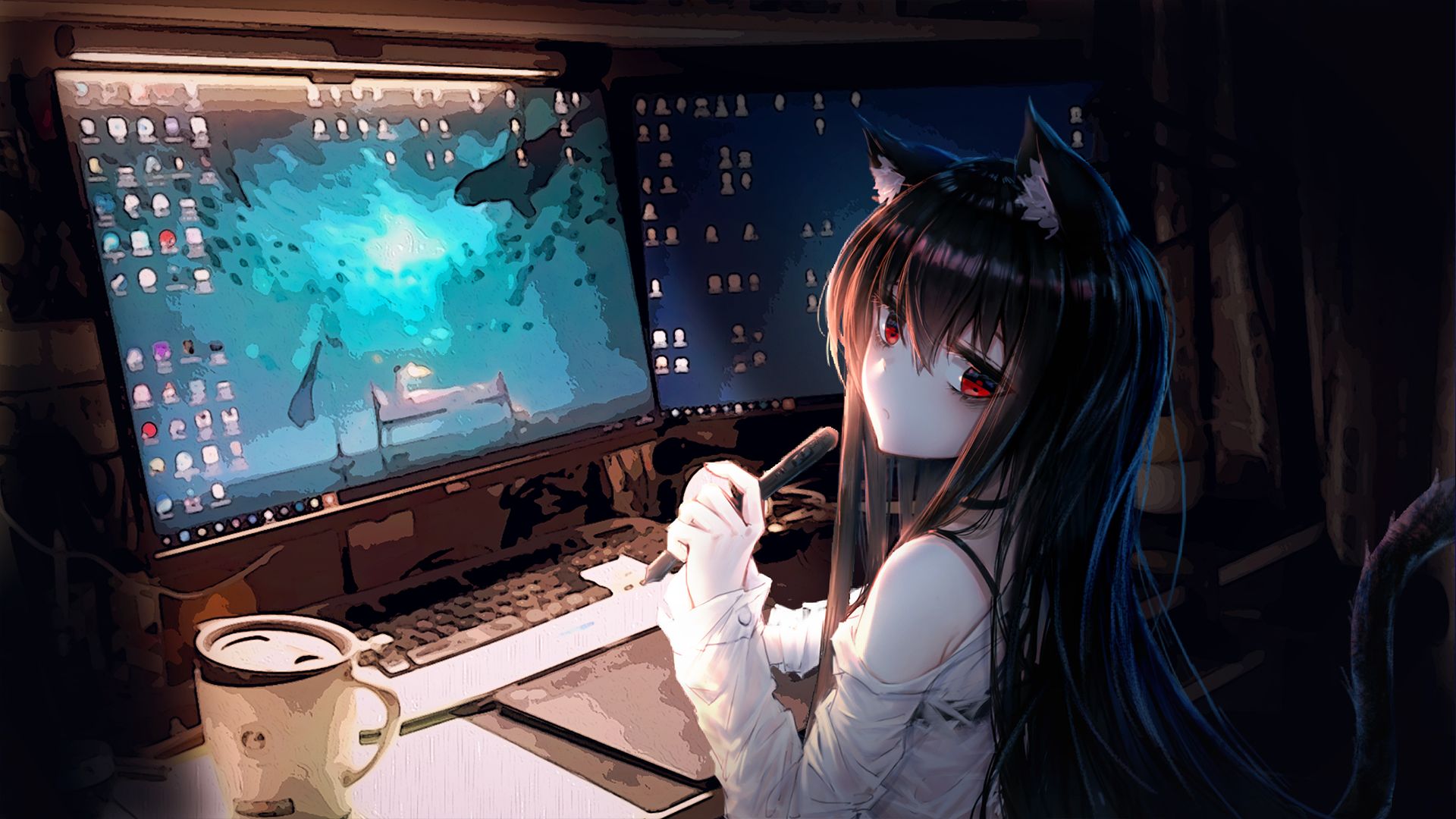 anime, original, animal ears, black hair, computer, long hair, monitor, red eyes