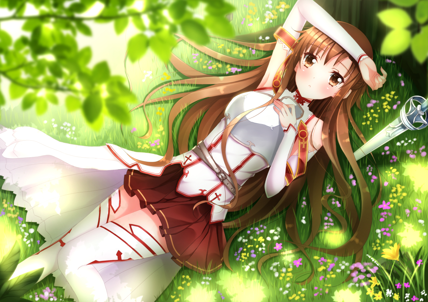 long hair, lying down, anime, sword art online, asuna yuuki, brown eyes, brown hair, skirt